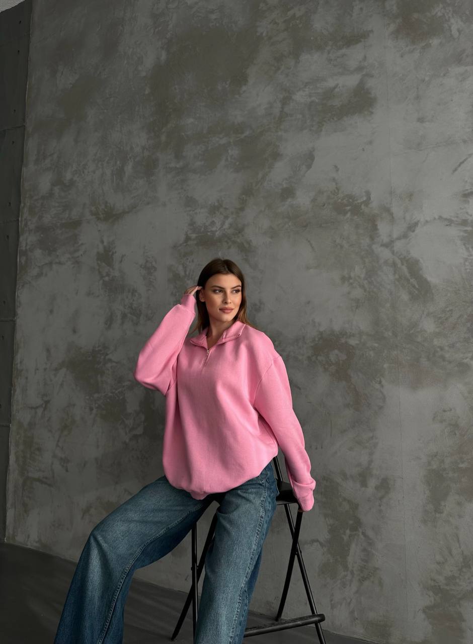 Fermuarlı Oversize Sweatshirt - pembe