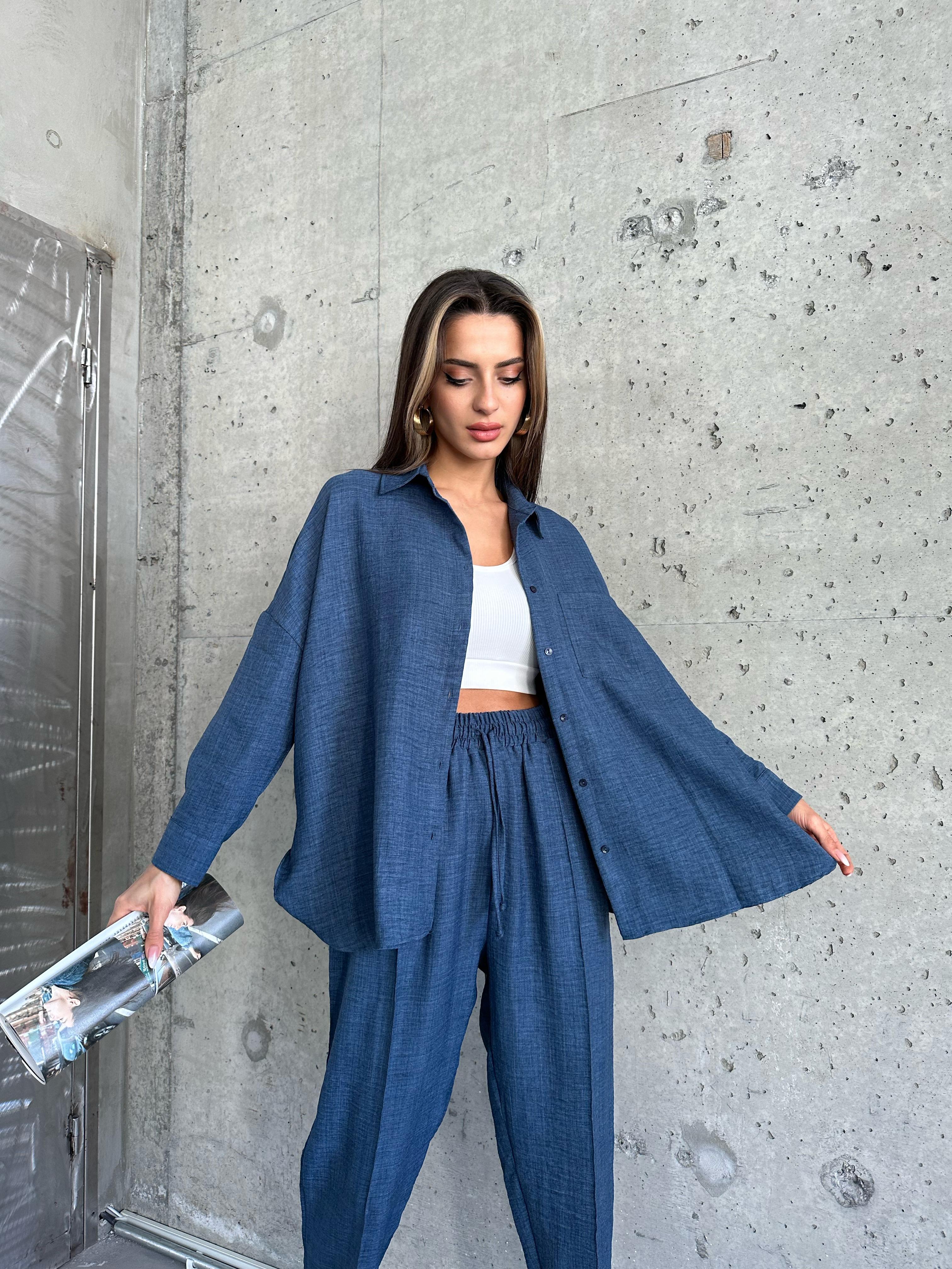 Oversize Keten Alt Üst Takım  - indigo