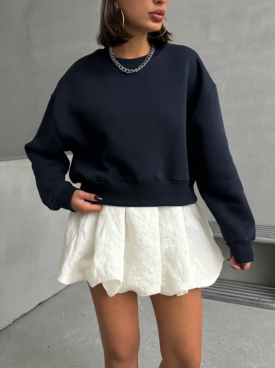 Lacivert Crop Sweatshirt 3 İplik Şardonlu