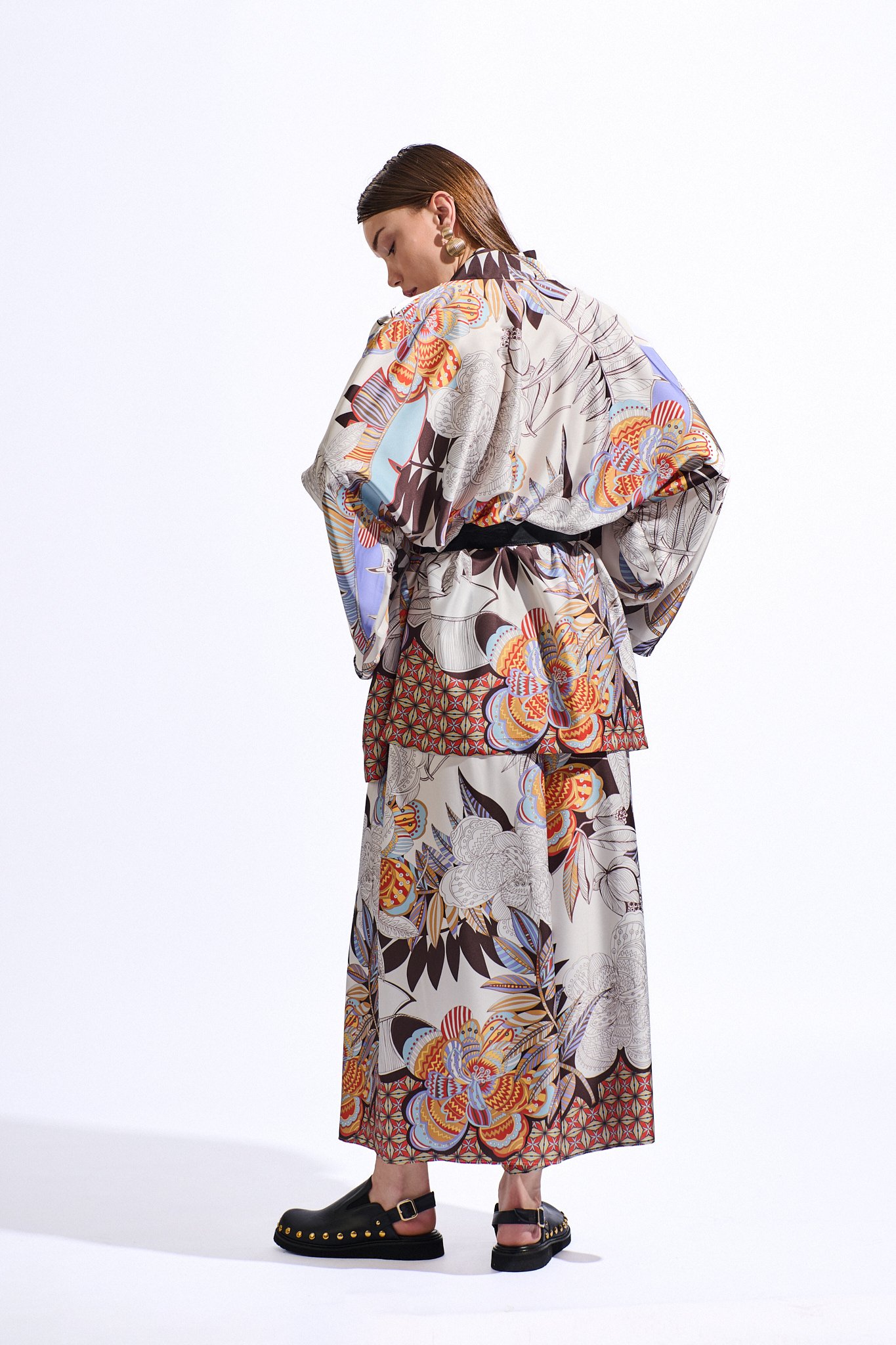 Deri Kemerli Desenli Kaftan