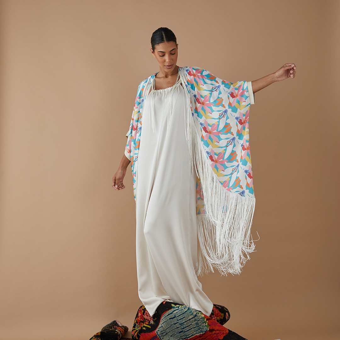 Fringed Patterned Satin Kaftan