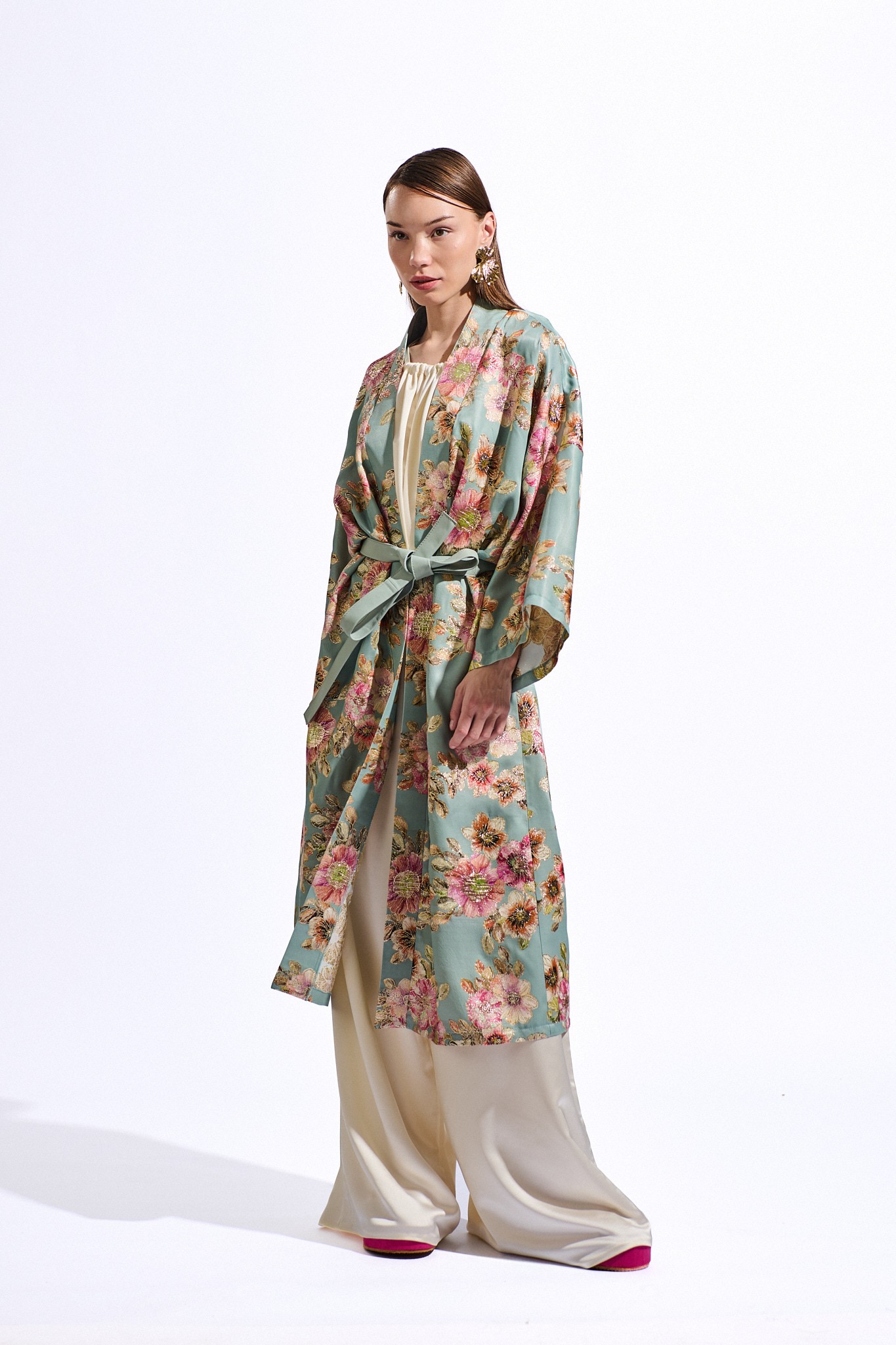 Deri Kemerli Brokar Çiçek Desenli Kaftan 