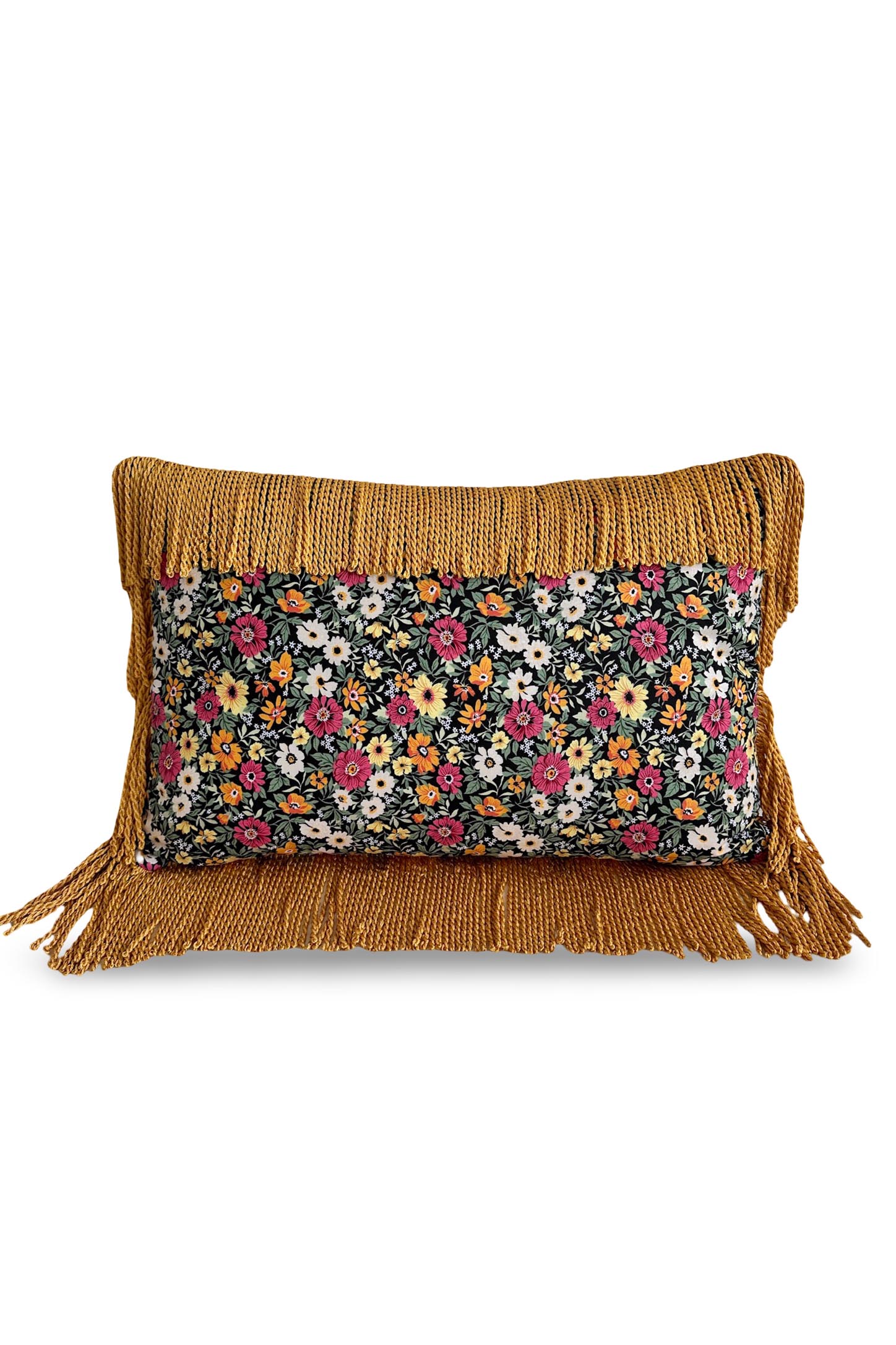 Bulyon Saçaklı Çift Taraf Kullanıma Uygun Çizgili Keten-Çiçek Desenli Poplin Kırlent