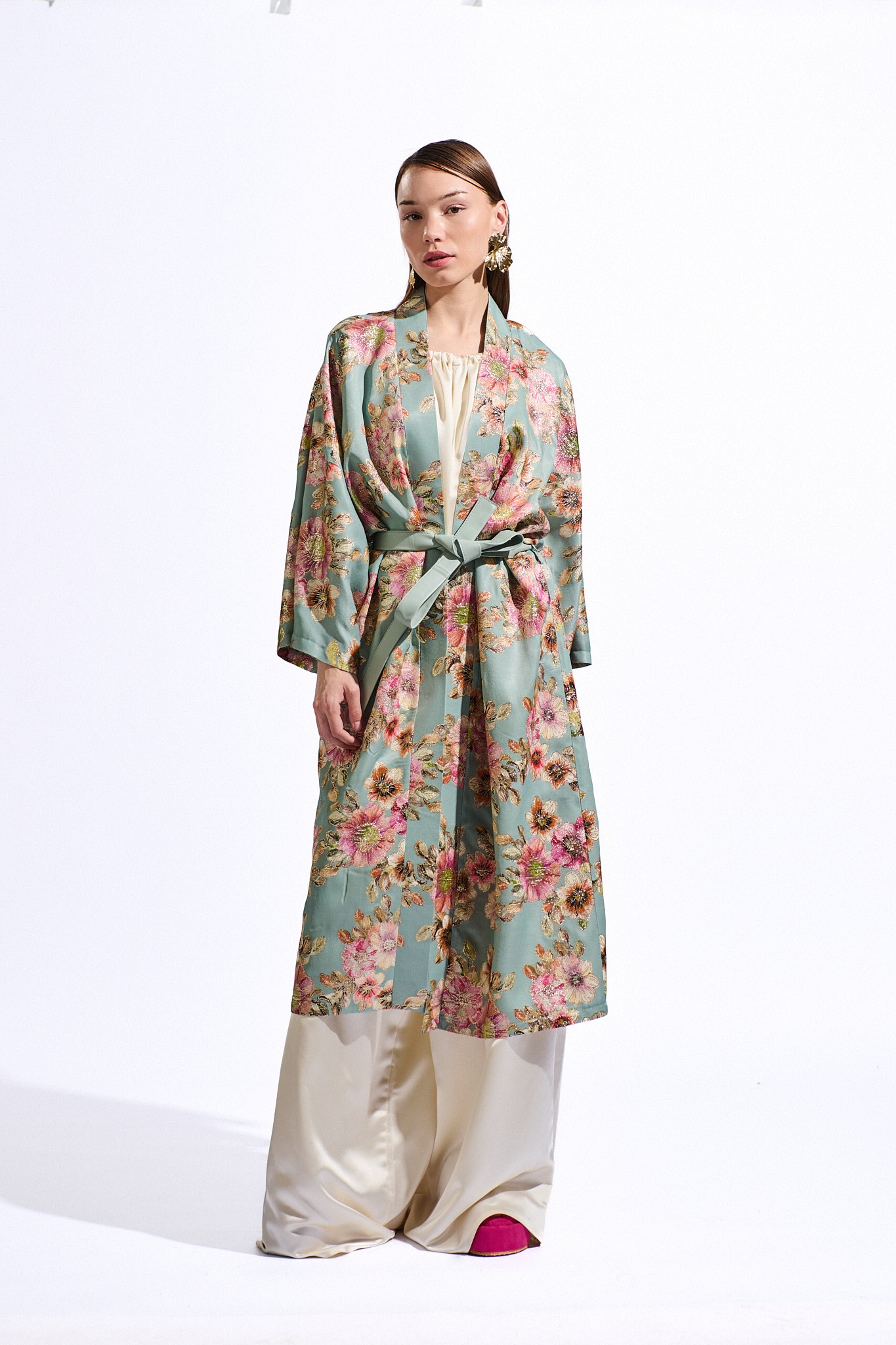 Deri Kemerli Brokar Çiçek Desenli Kaftan 