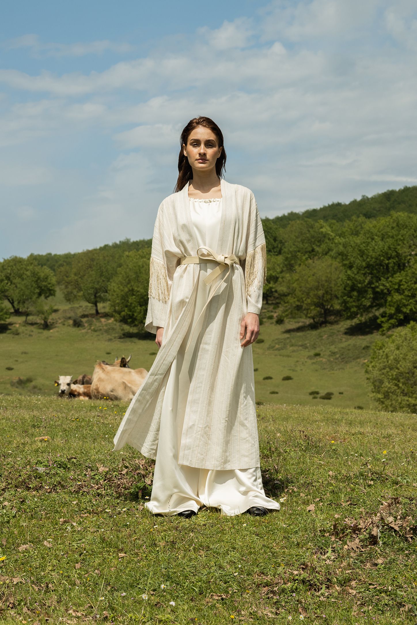 Kaftan with Fringed Sleeves and Leather Belt