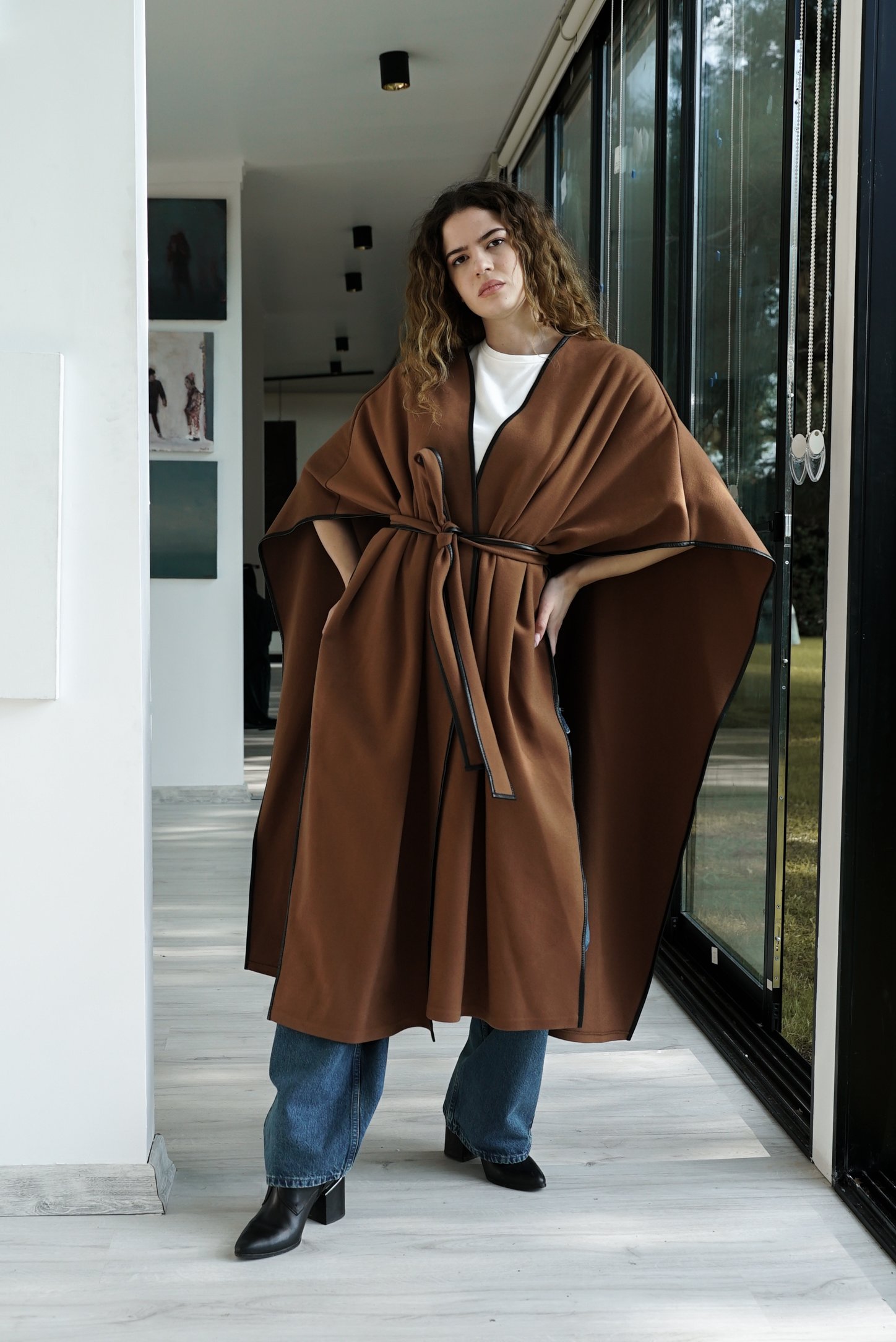 Leather Garnished Belted Stash Poncho Coat - Brown