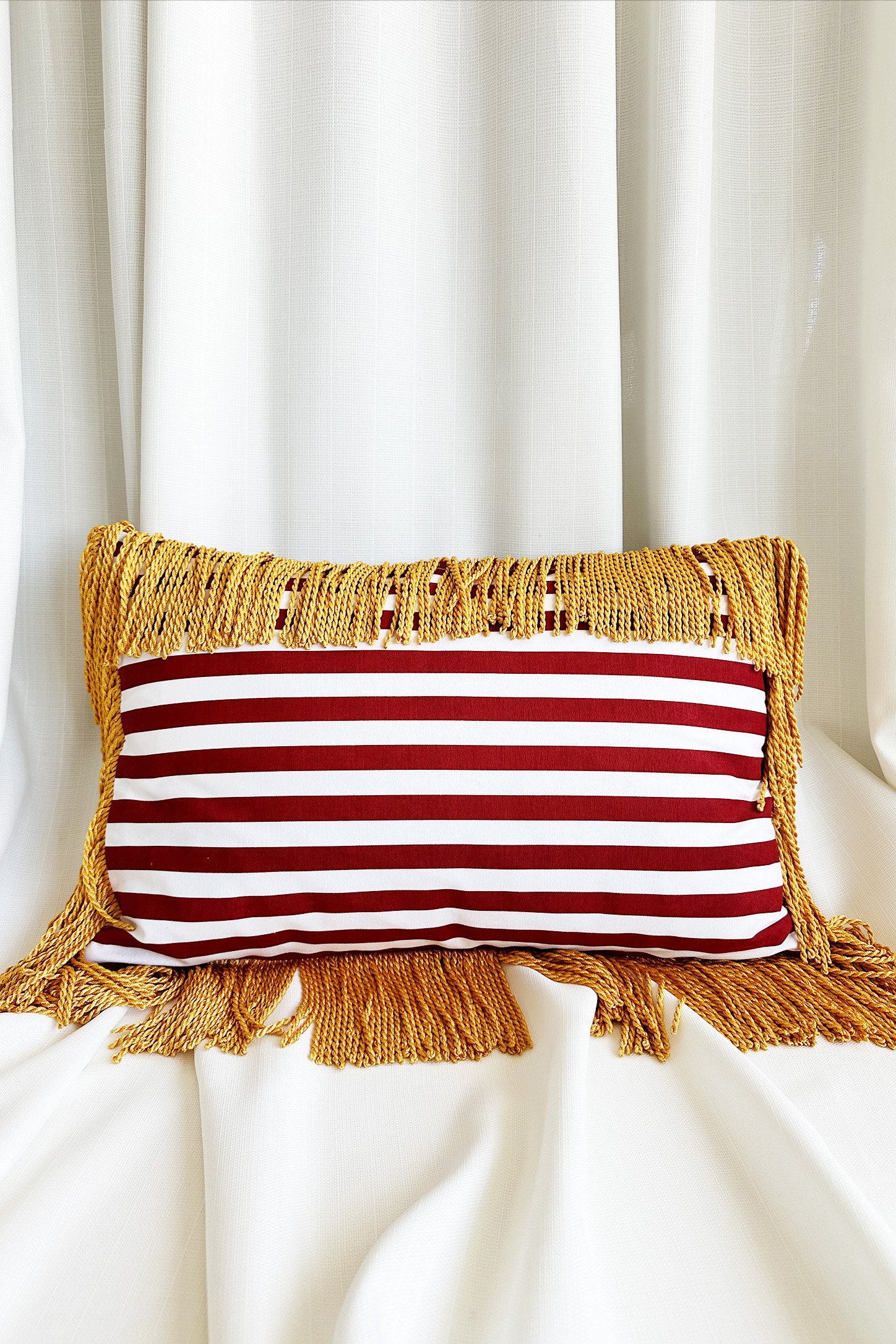 Striped Linen-Floral Patterned Poplin Cushion Suitable for Double Sided Use with Bouillon Fringe