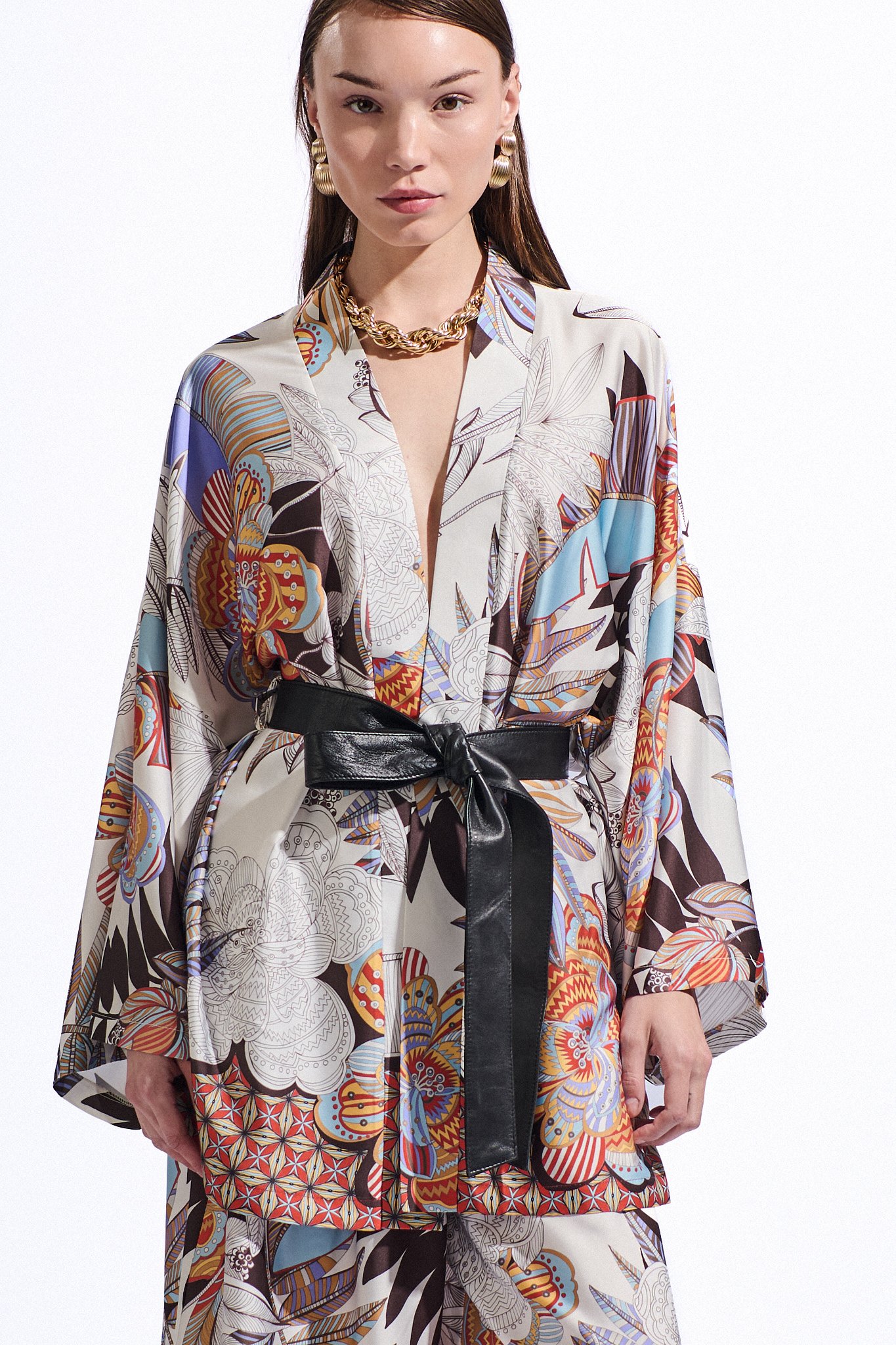 Deri Kemerli Desenli Kaftan