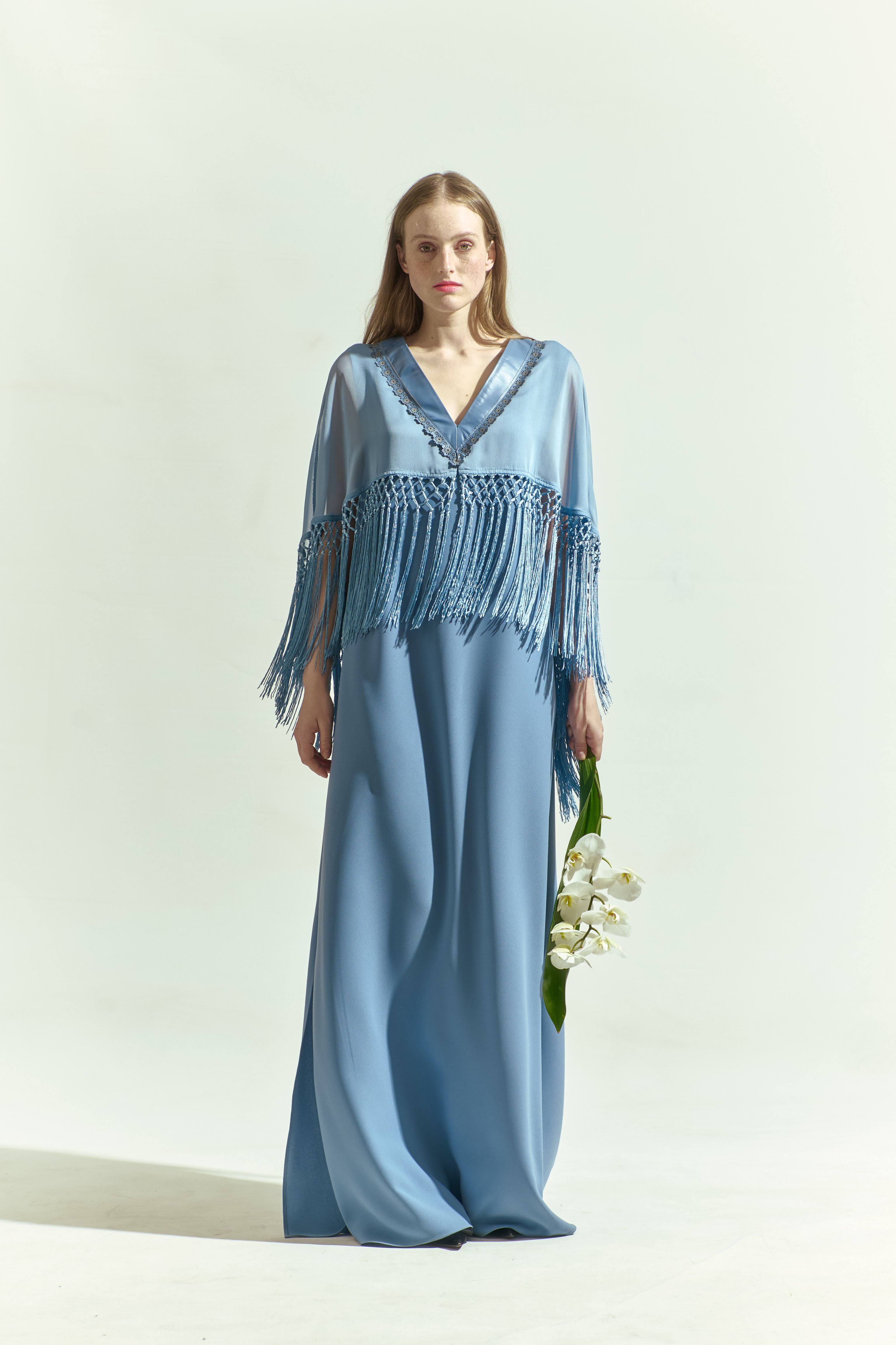 Chiffon Cape Knitted Fringed Leather Strip Embroidered Long Crepe Dress with Side Slits 