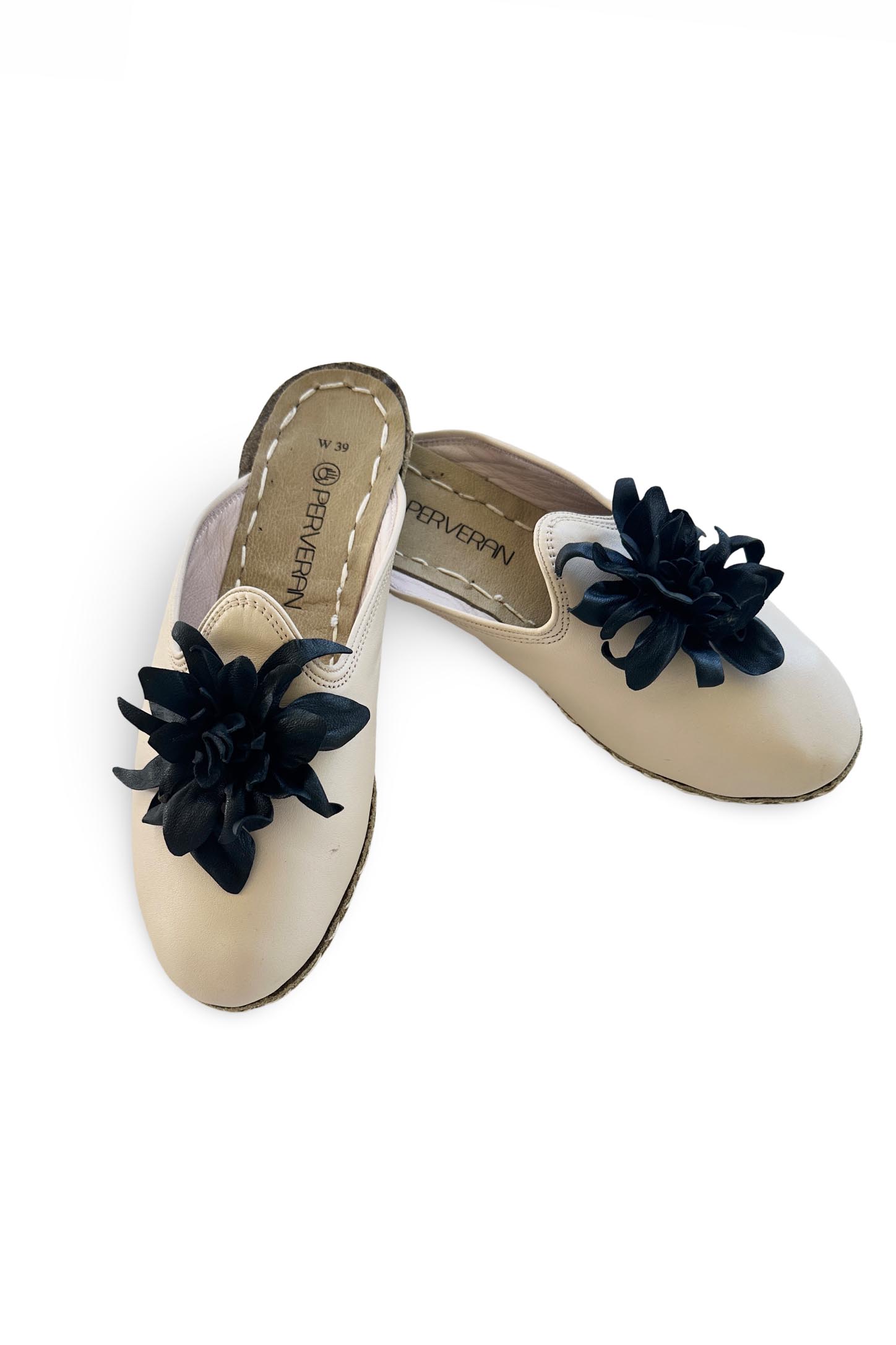 El Yapımı Deri Çiçekli Hakiki Deri Yemeni Terlik