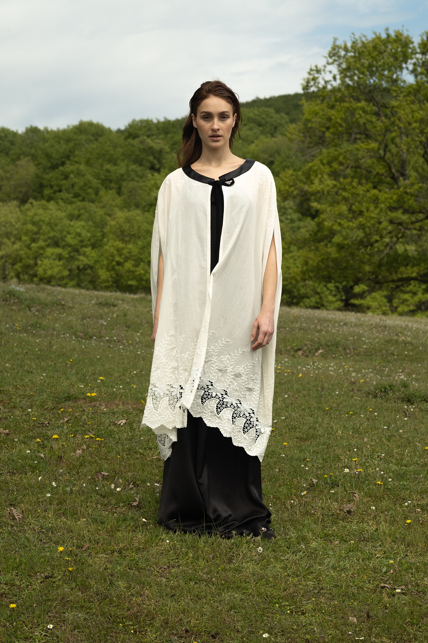 Guipure embroidered Scallop Cloak with Leather Garnish