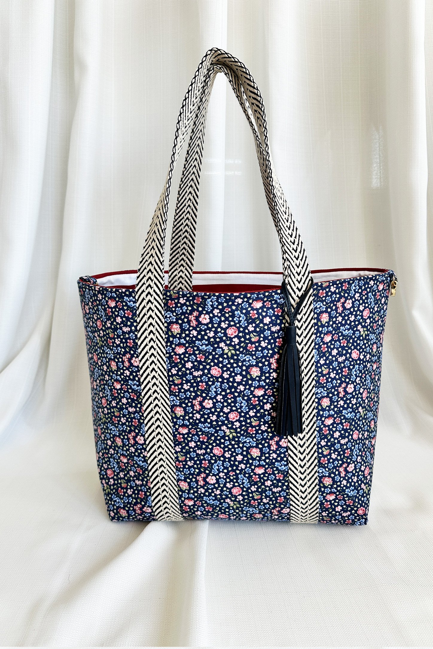 Floral and Striped Patterned Reversible Leather Tassel Bag