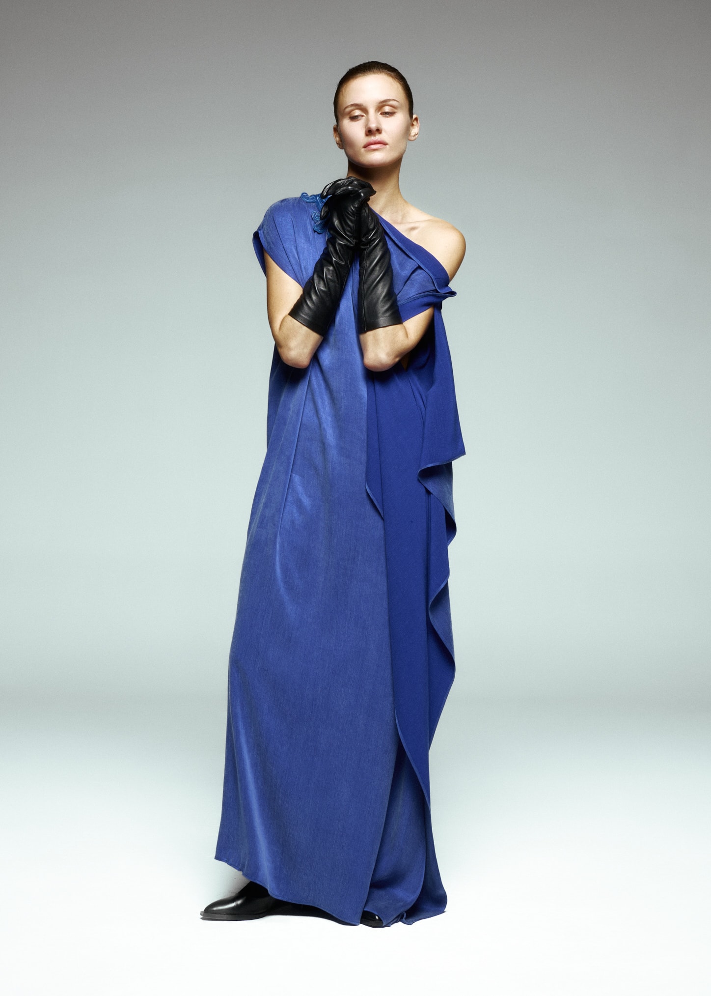 Deri Elişi Çiçek İşlemeli Cupra Uzun Elbise