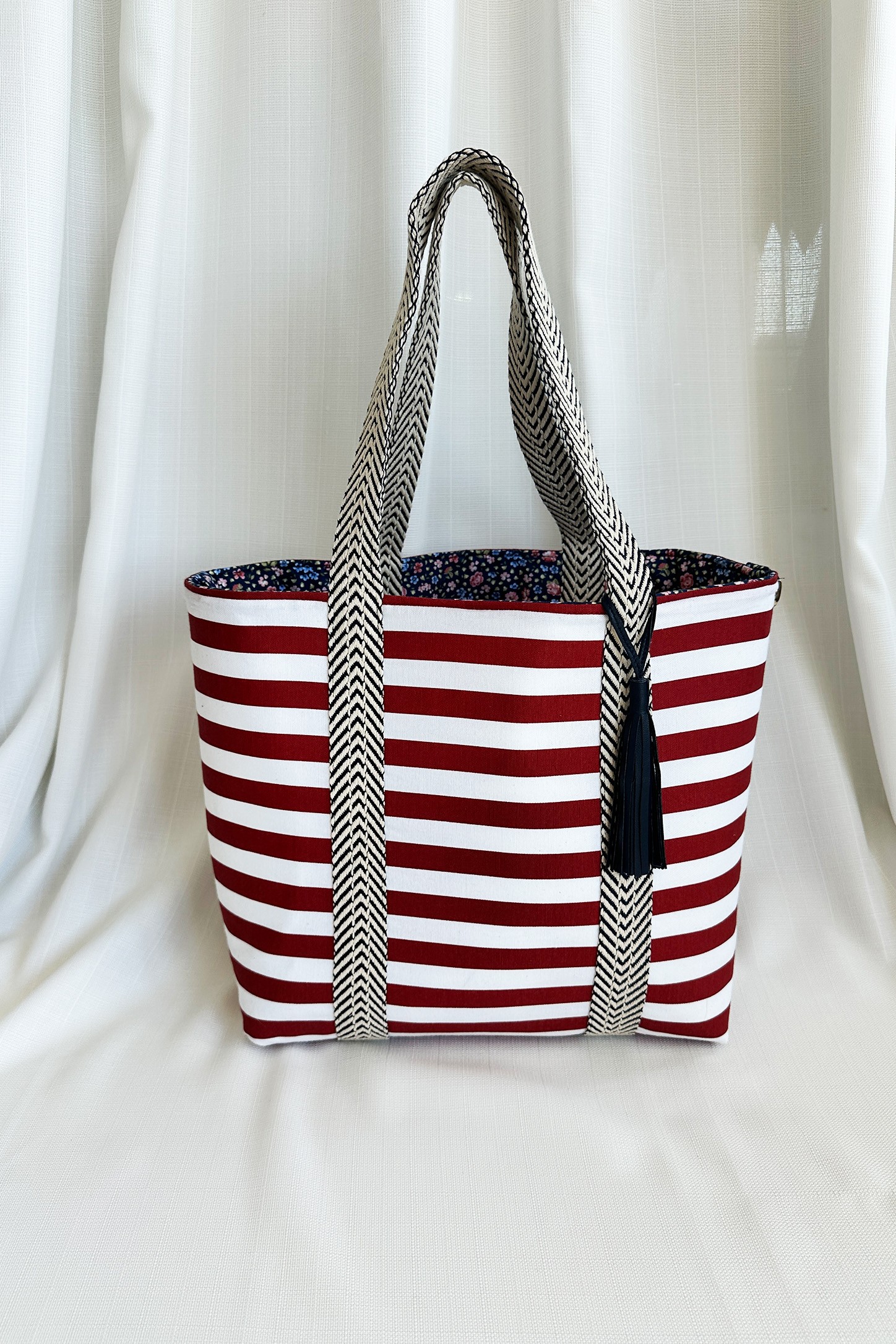 Floral and Striped Patterned Reversible Leather Tassel Bag