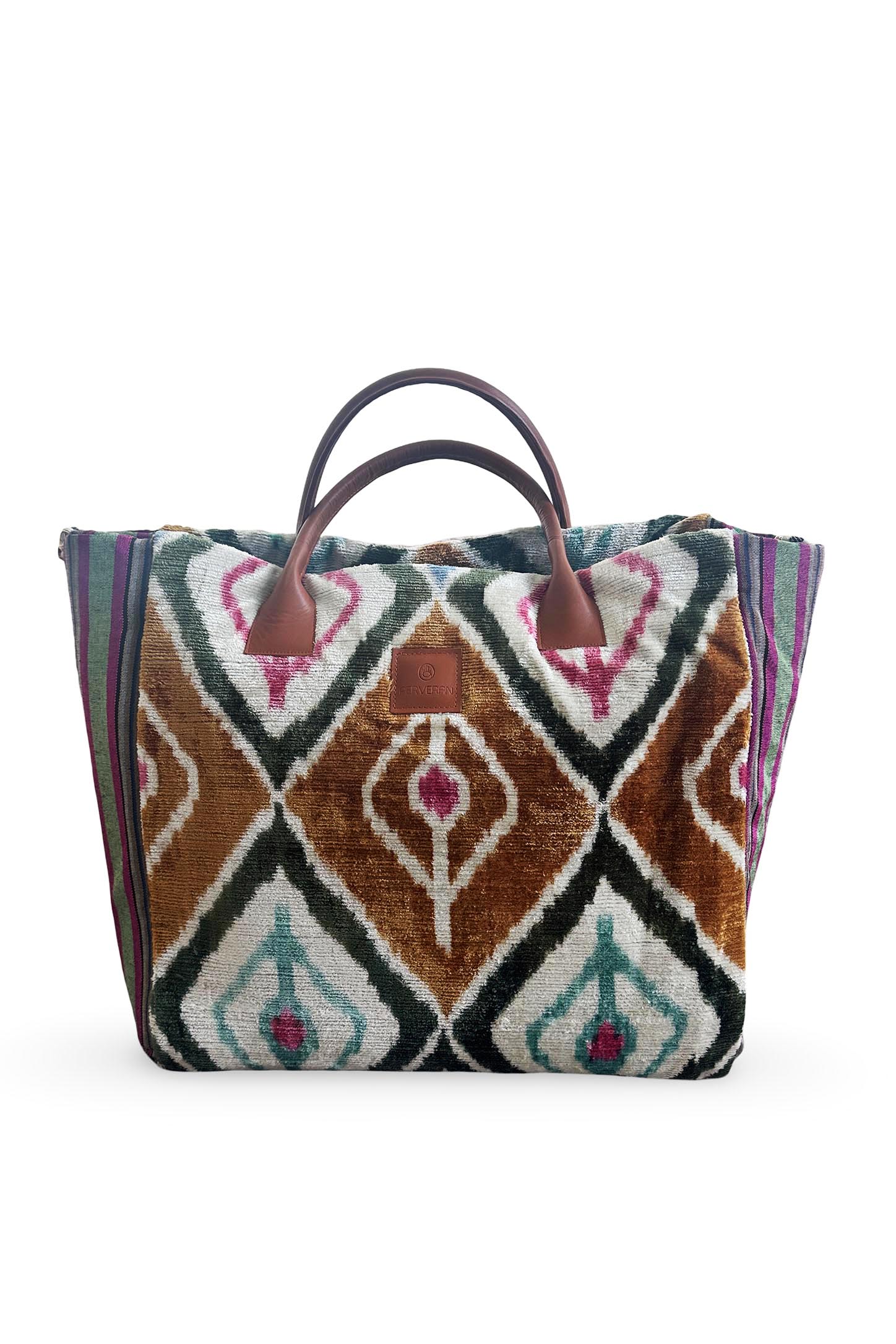 Deri Kulplu Astarlı Yanları Kutnu Kumaşlı İkat Heybe Çanta ( Askı Dahil Değildir )