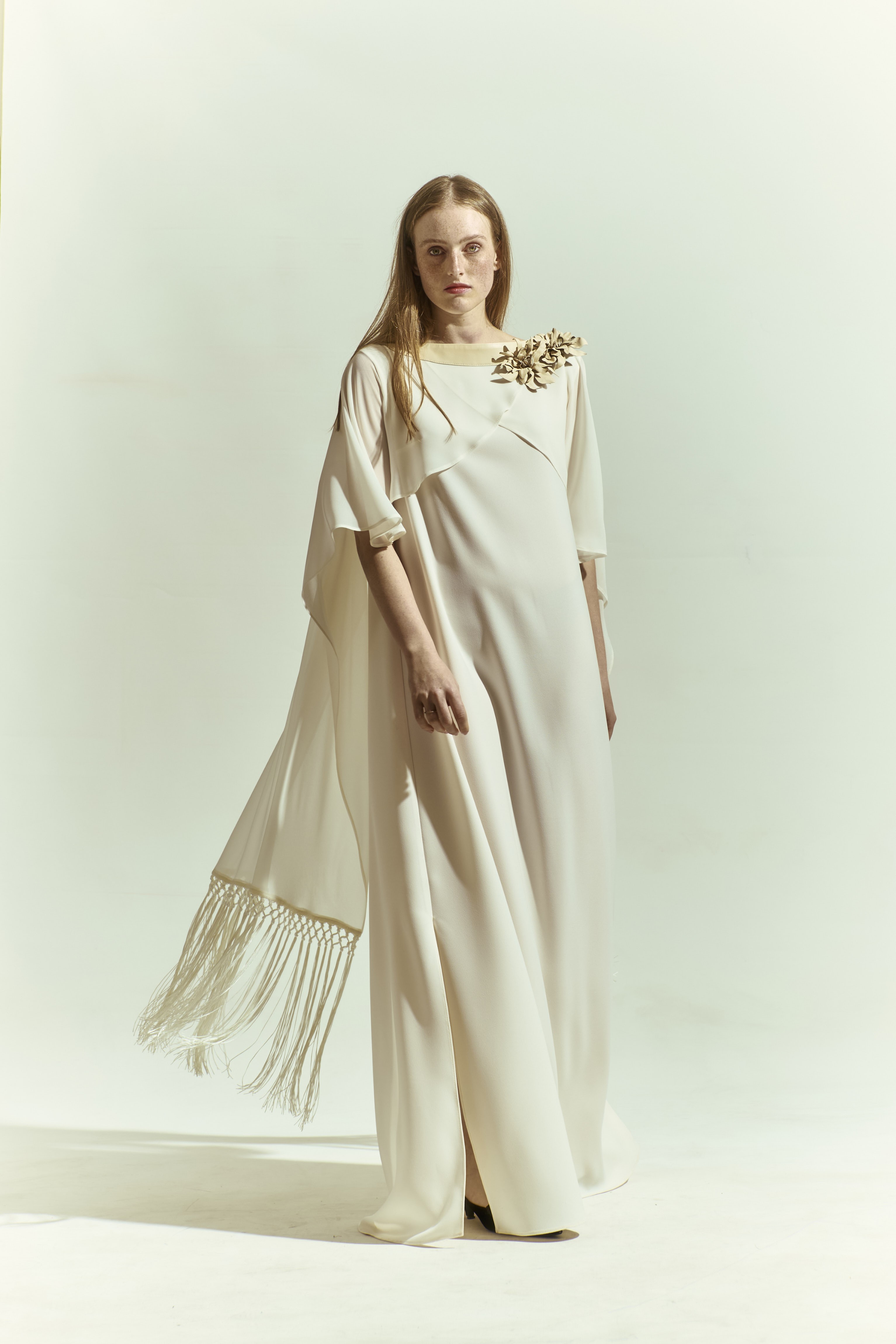 Chiffon Cloak Leather Flower Embroidered Mesh Fringe Detailed Long Crepe Dress with Side Slits 