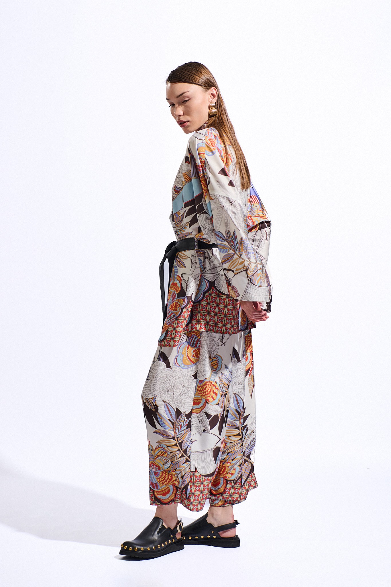 Deri Kemerli Desenli Kaftan