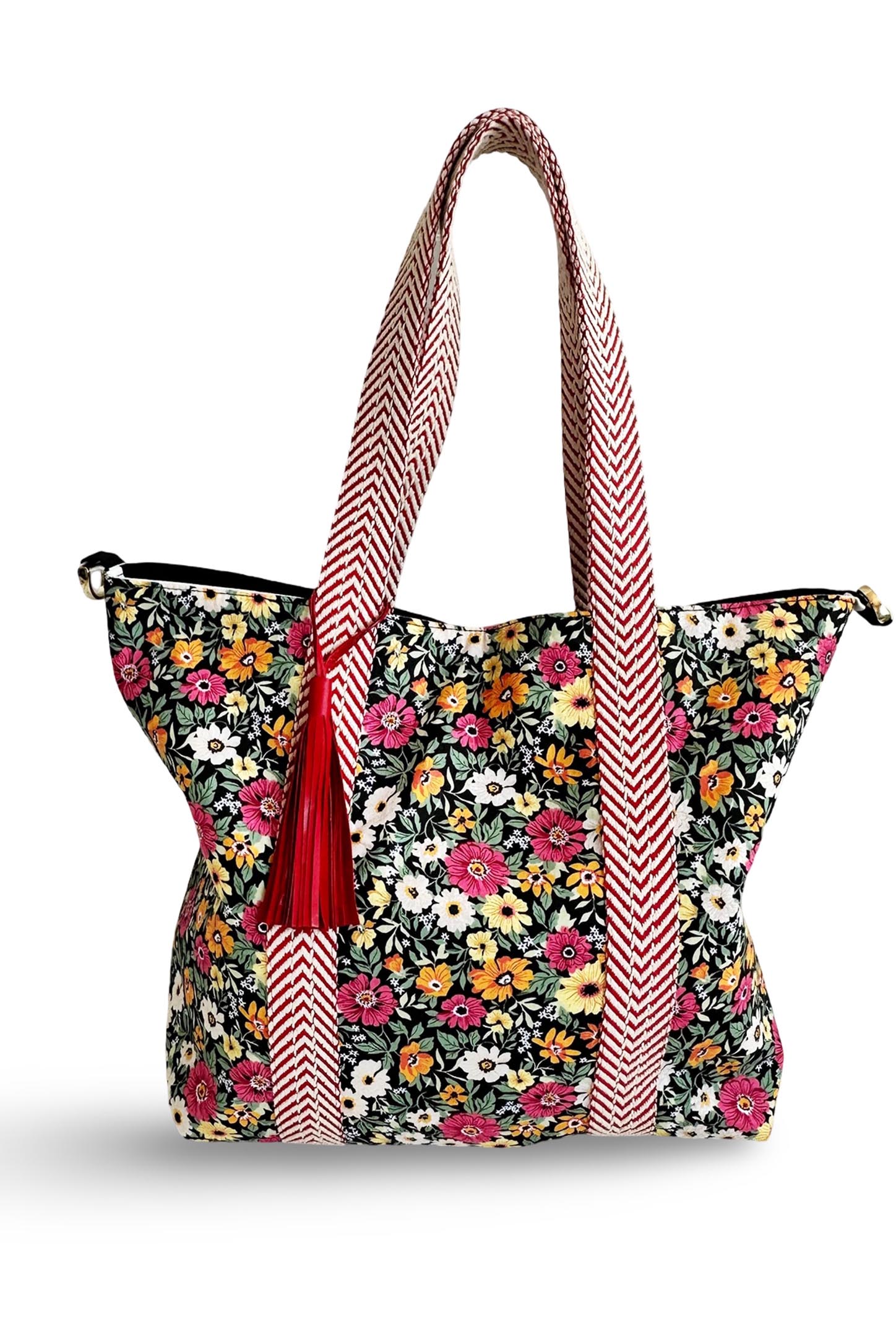 Çizgili ve Çiçek Desenli Çift Taraf Kullanıma Uygun Deri Püsküllü Çanta