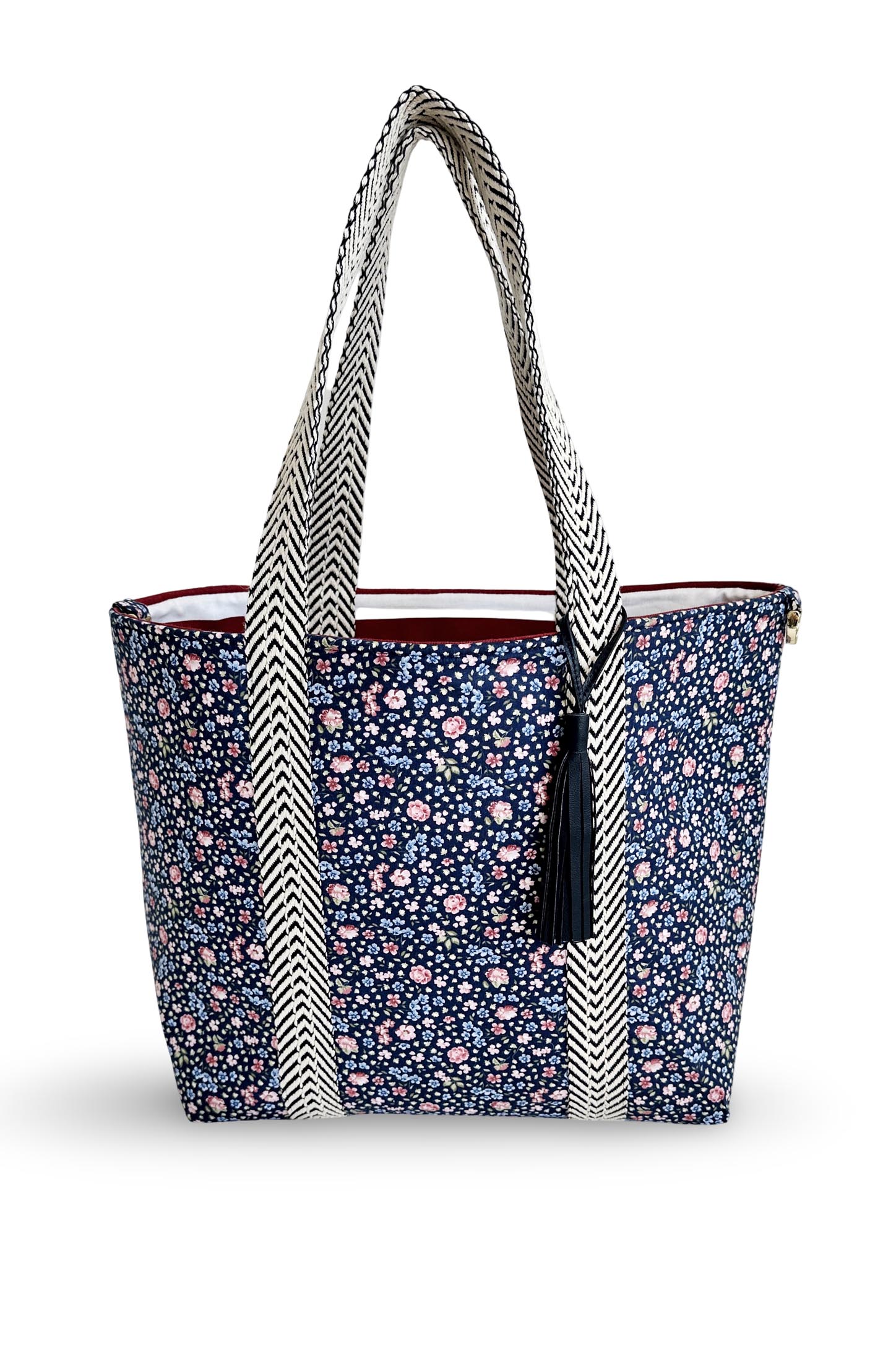 Çiçek ve Çizgili Desenli Çift Taraf Kullanıma Uygun Deri Püsküllü Çanta