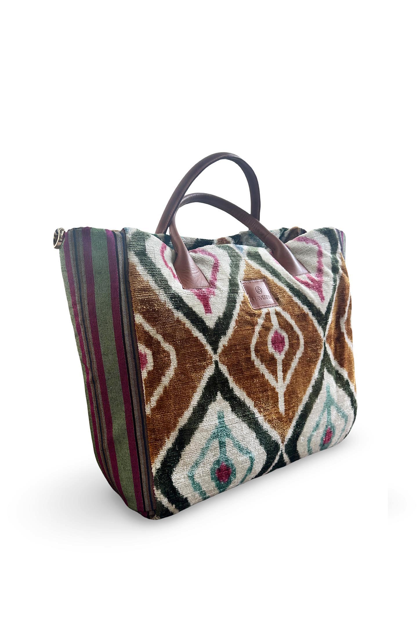 Deri Kulplu Astarlı Yanları Kutnu Kumaşlı İkat Heybe Çanta ( Askı Dahil Değildir )