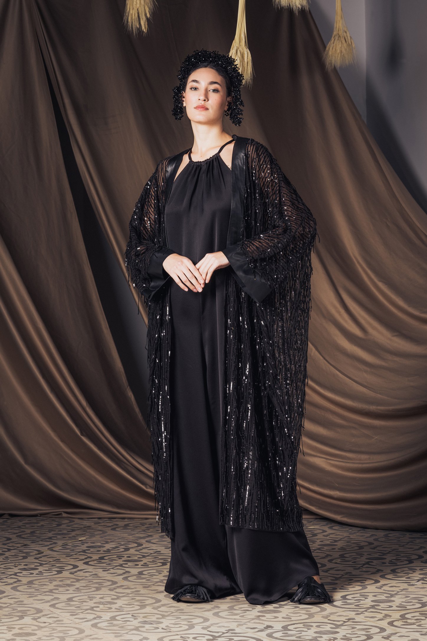 Yarasa Kol Saçaklı Pulpayet Kaftan