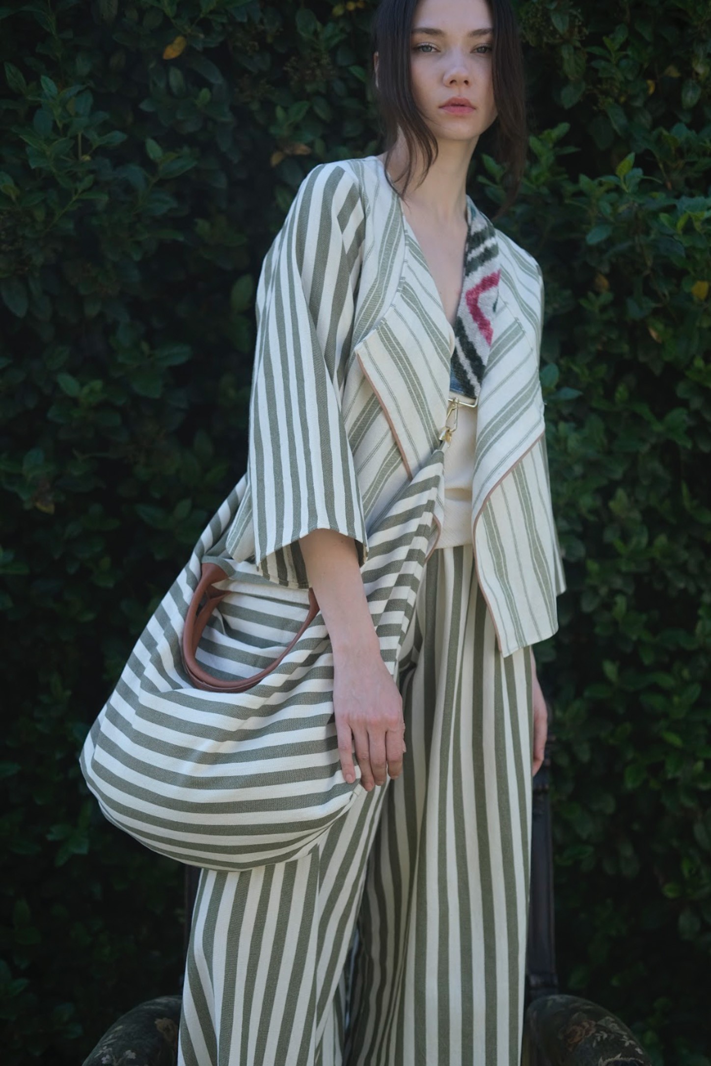 Striped Patterned Saddle Bag with Leather Handles Suitable for Double Sided Use (Hanger Not Included)