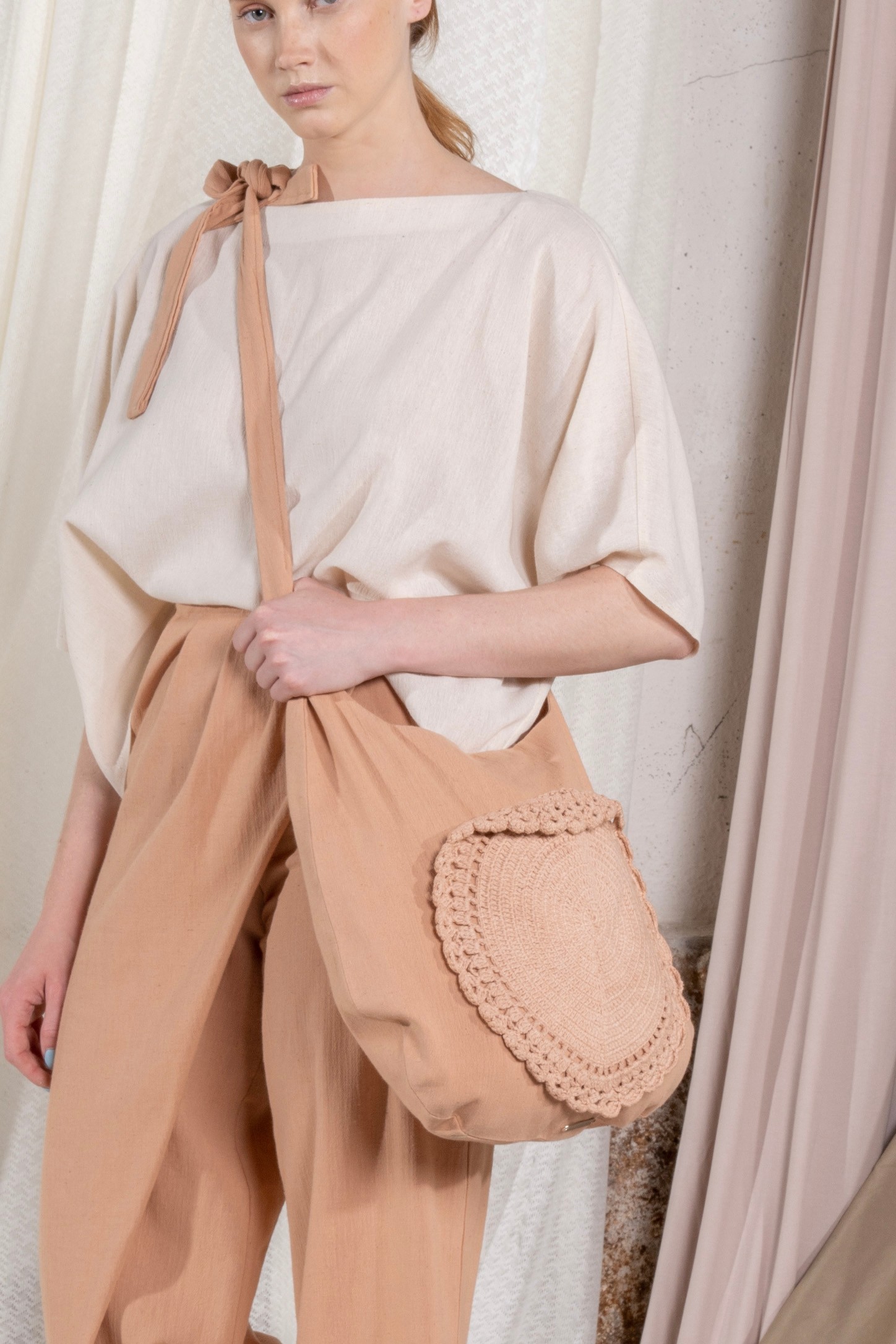 Shoulder-tied Fabric Bag with Lace Pocket Detail