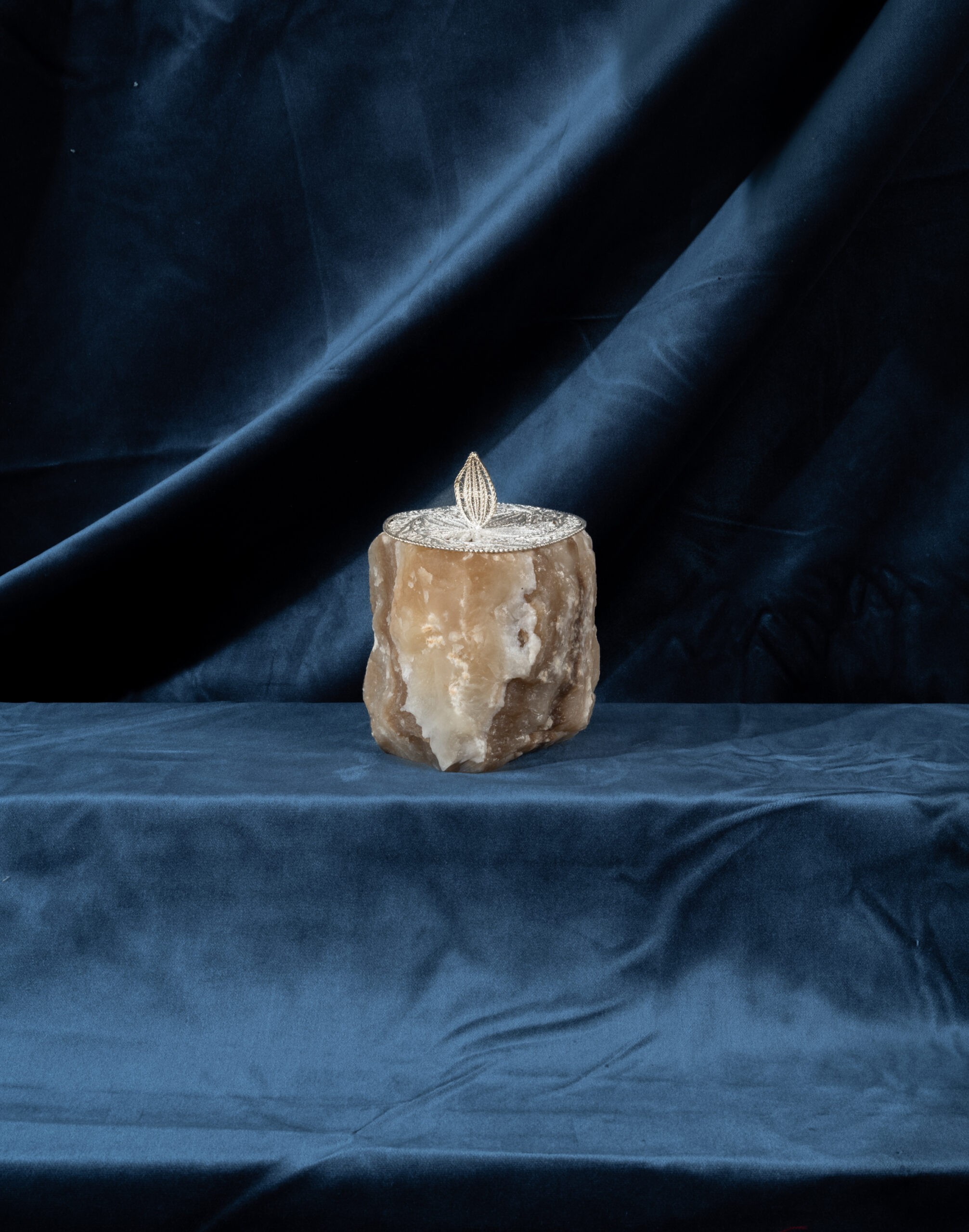 Hand Carved Onyx Candle Holder with Filigree Lid