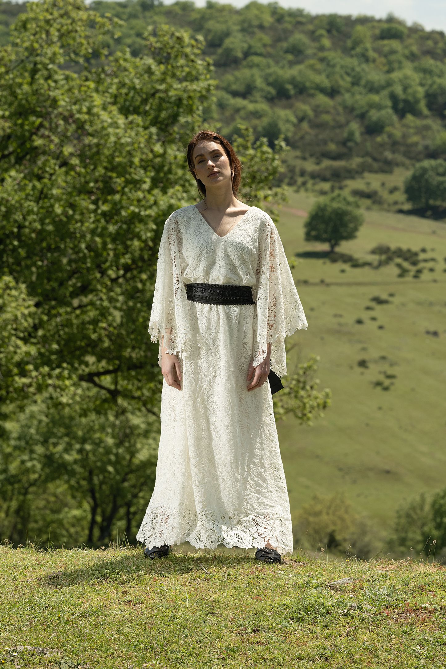 Leather embroidery Belted Guipure Long Dress