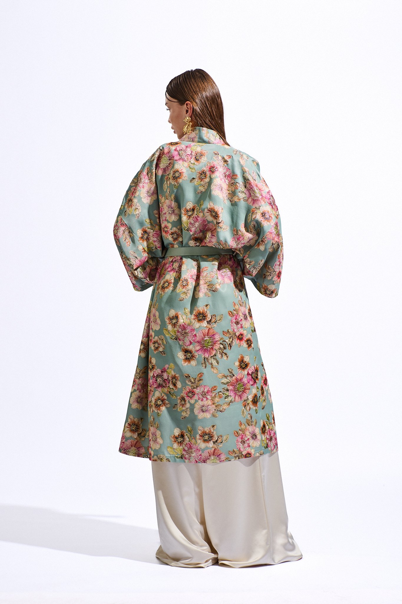 Deri Kemerli Brokar Çiçek Desenli Kaftan 