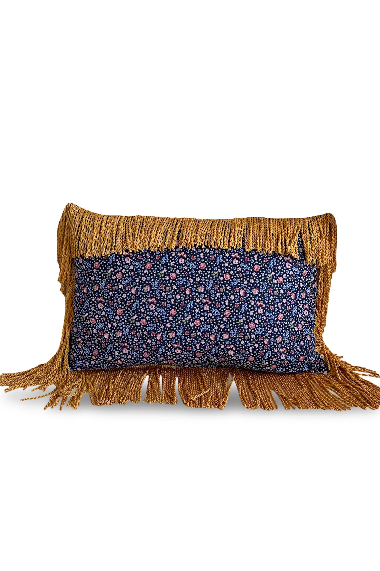 Bulyon Saçaklı Çift Taraf Kullanıma Uygun Çizgili Keten-Çiçek Desenli Poplin Kırlent