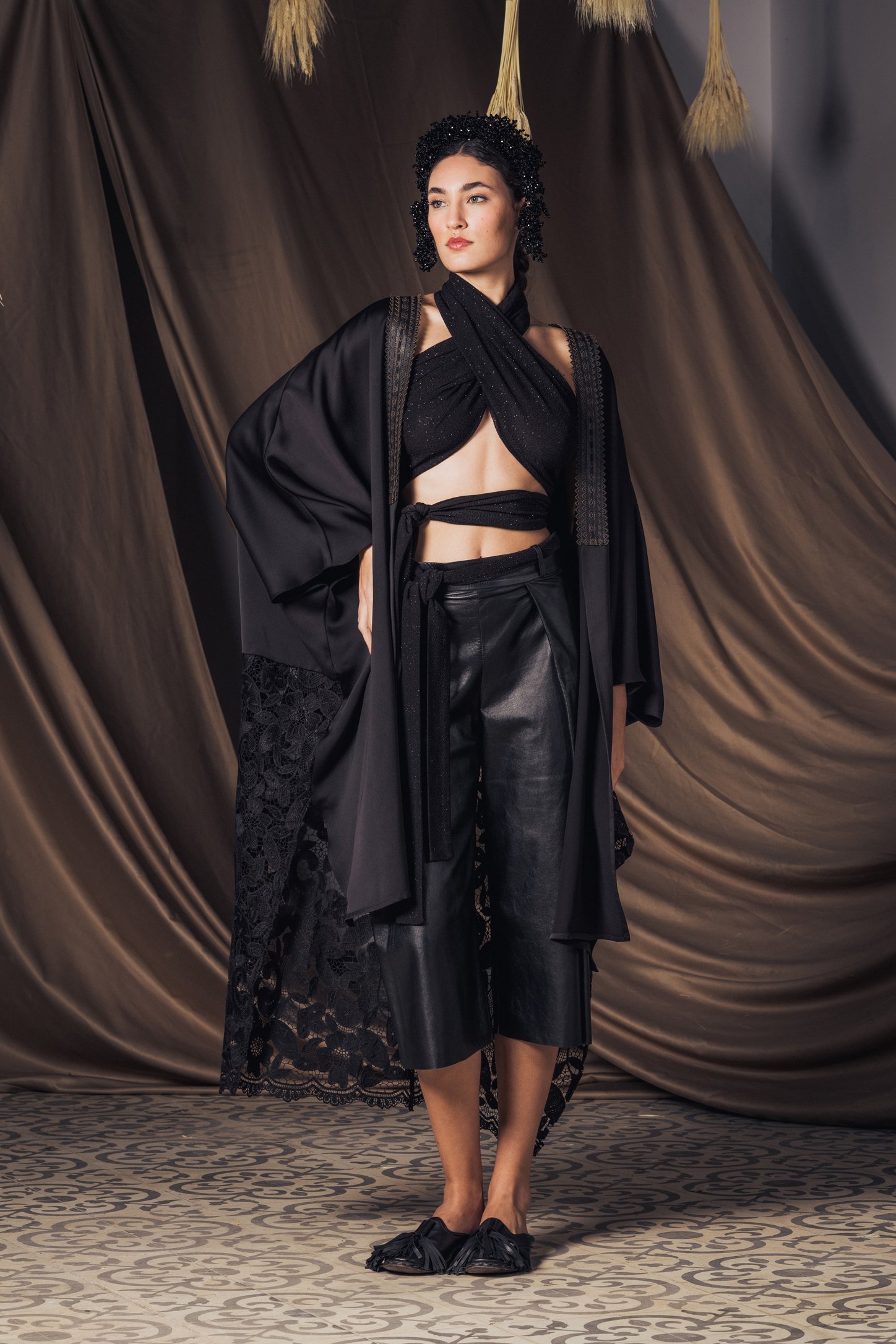 Satin Kaftan with Guipure and Leather Embroidery Garnish