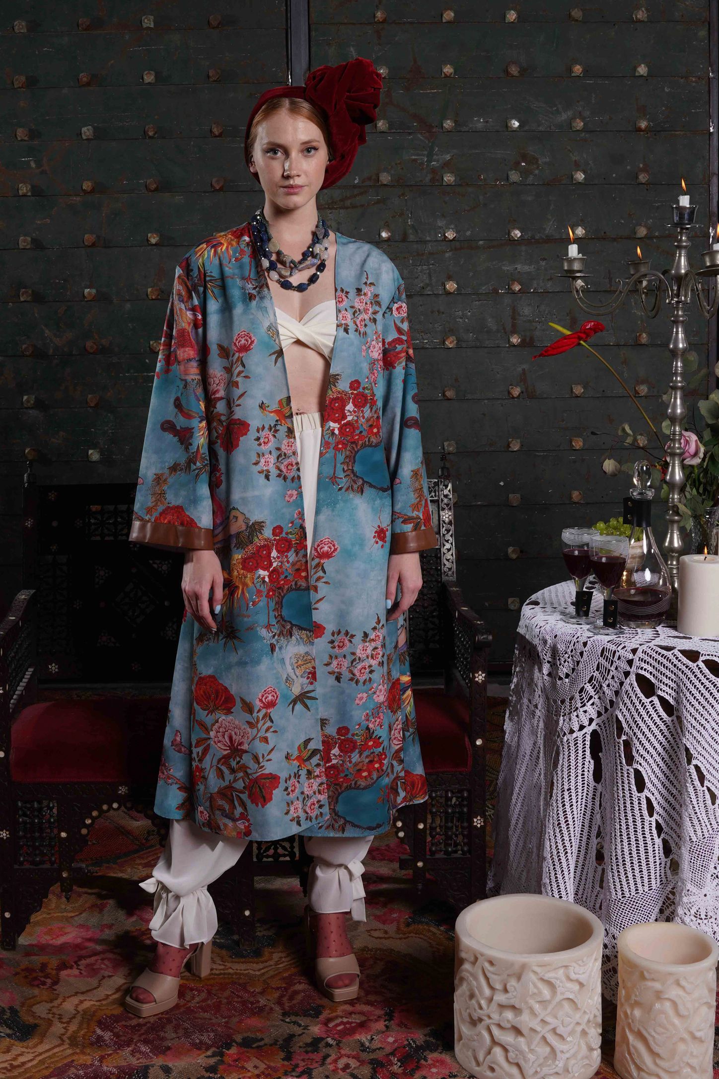 Patterned Kaftan with Leather Garnish