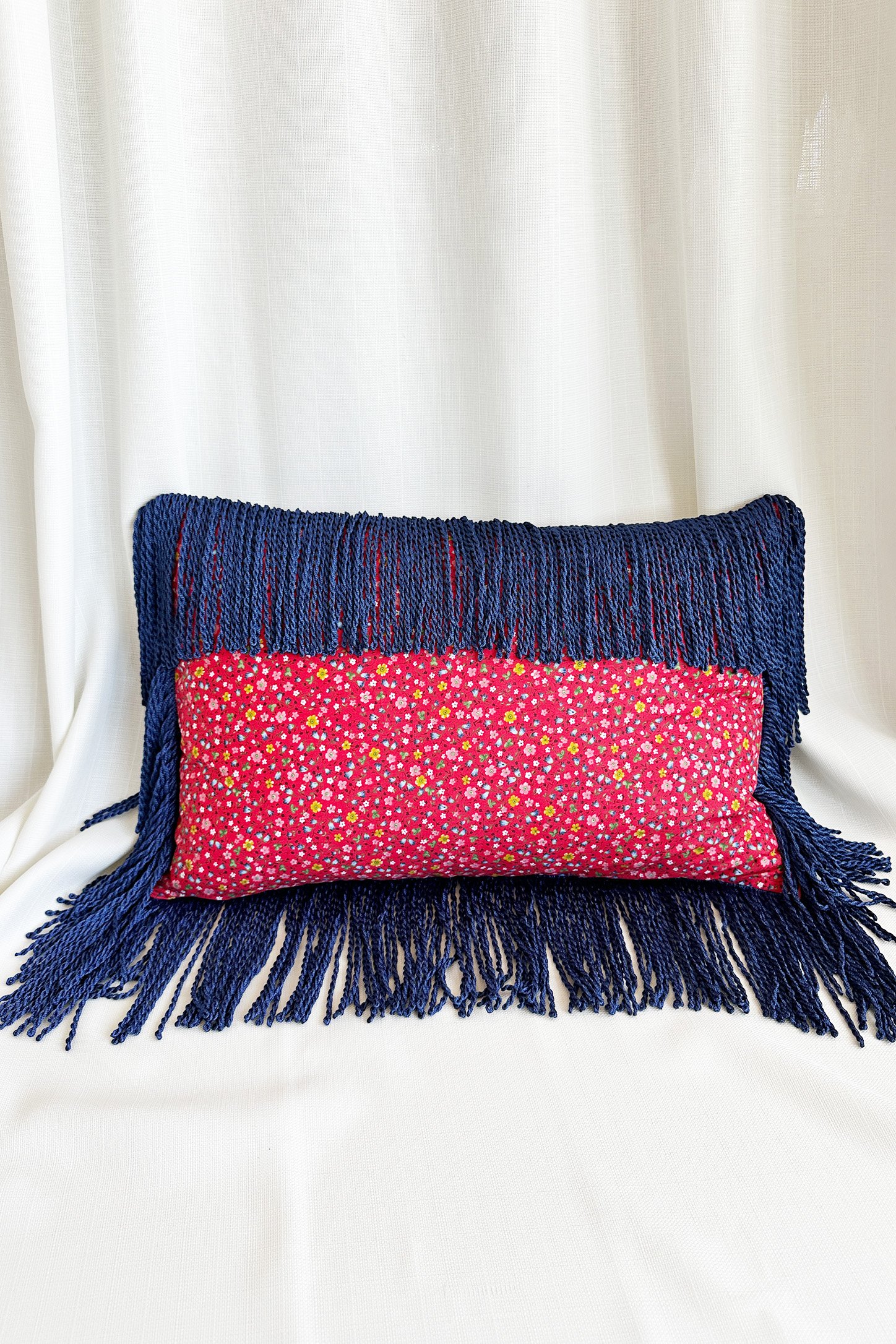 Flower Patterned Poplin Cushion Suitable for Double Sided Use with Bouillon Fringe