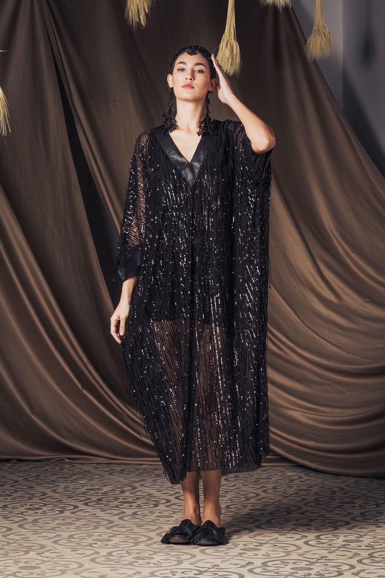 Batwing Sleeve Fringed Sequin V-Neck Dress - Black