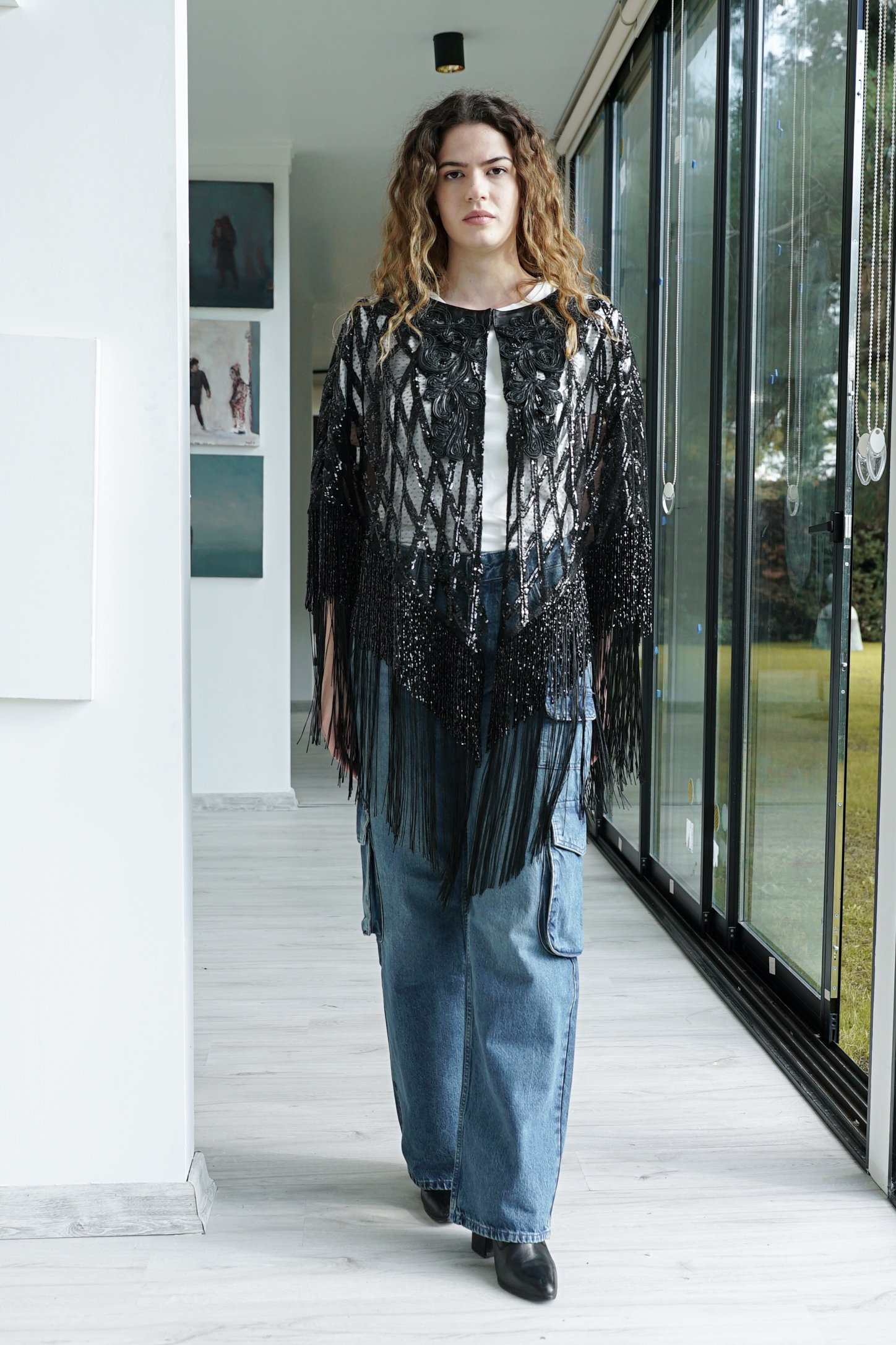 Leather Embroidered Cape with Sparkly Fringed Sleeves
