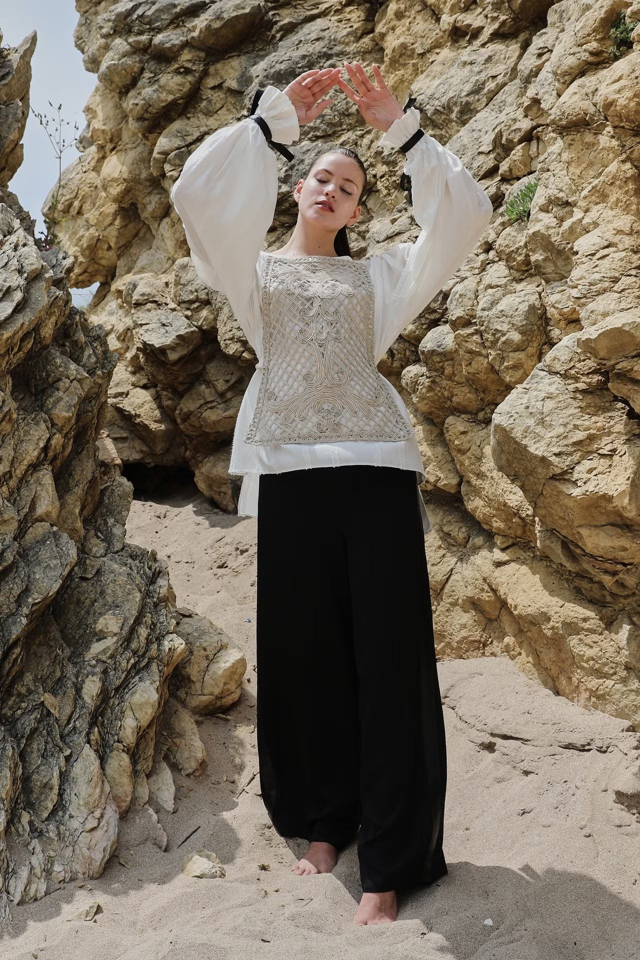 Embroidered Leather Top Blouse - Light Stone