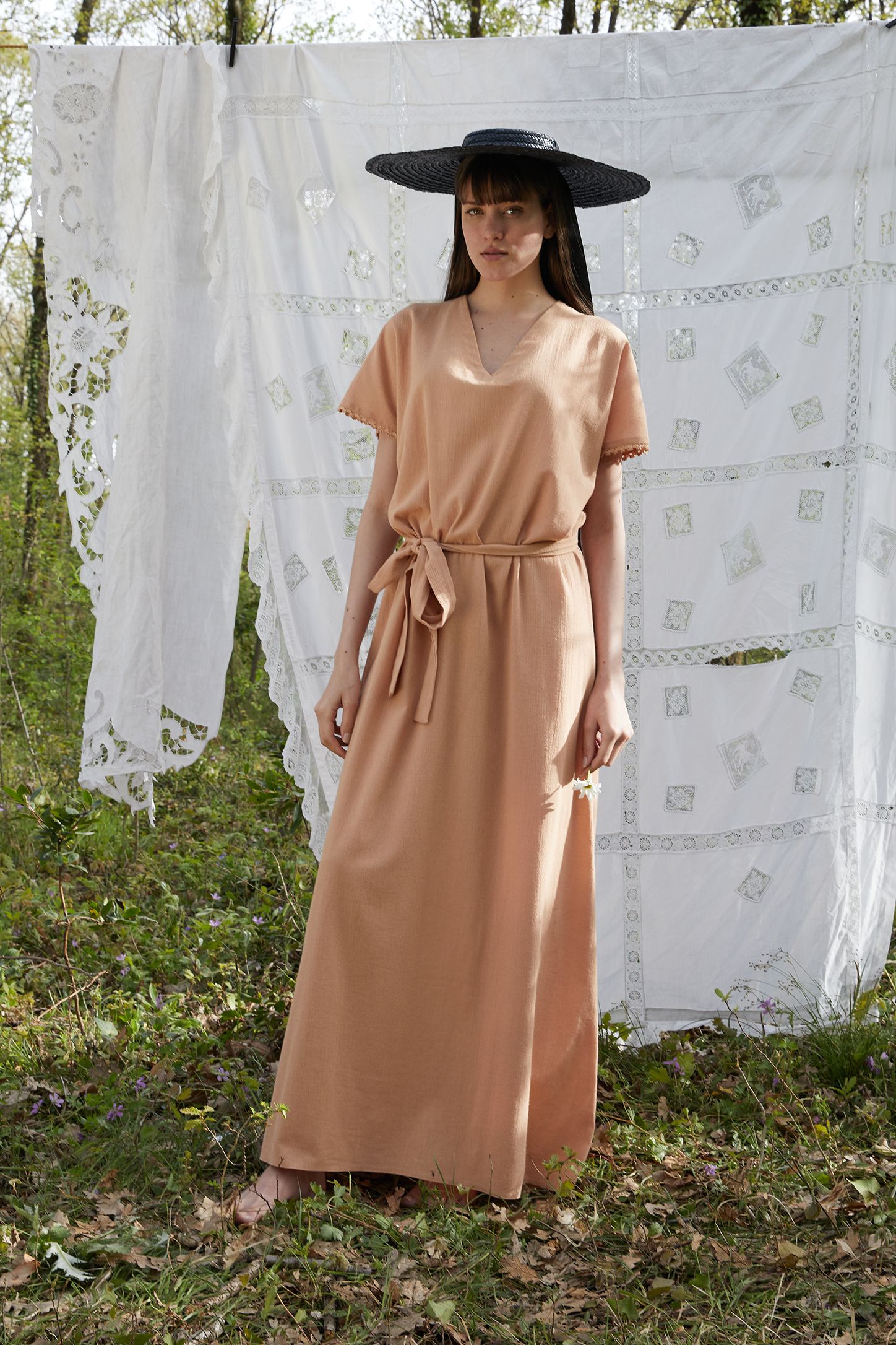 Hand-Woven Buldan Cloth Long Dress with Lace Collar and Belt