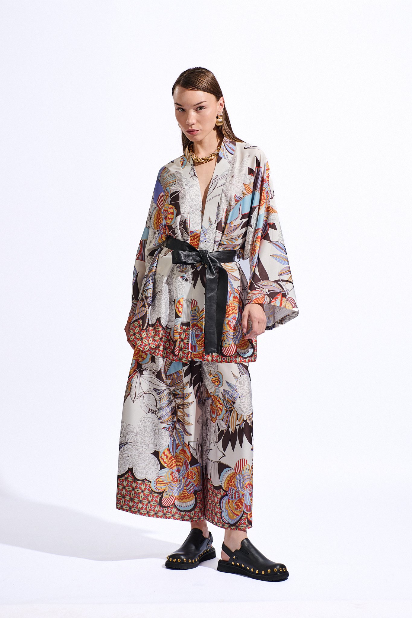 Deri Kemerli Desenli Kaftan