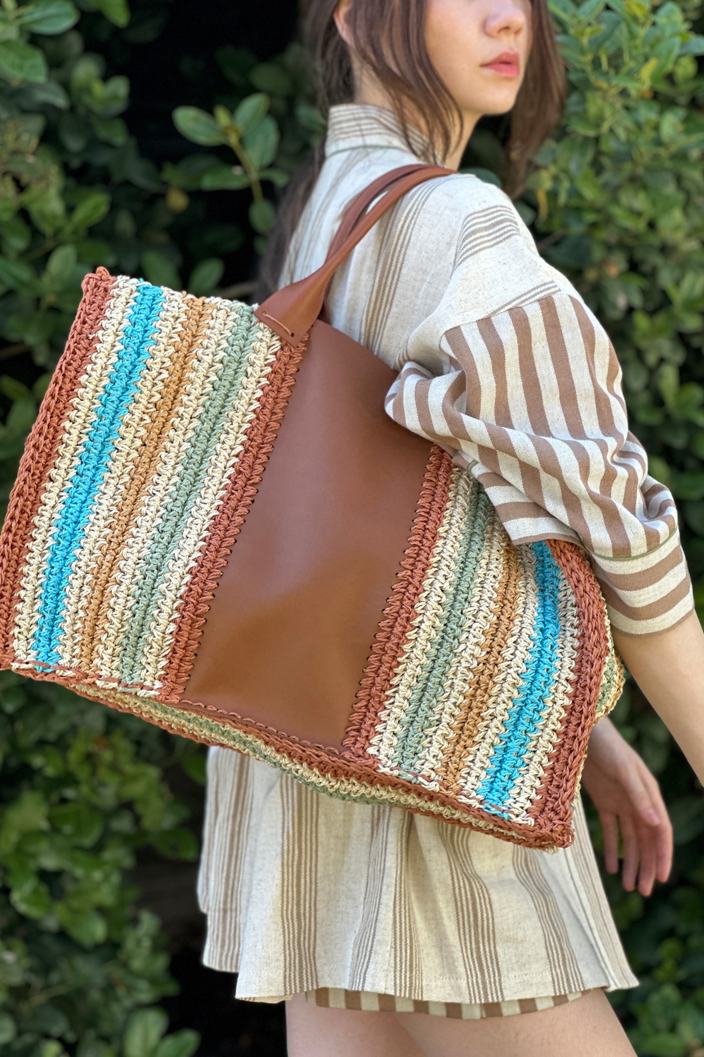 Hand Knitted Bag with Leather Handle