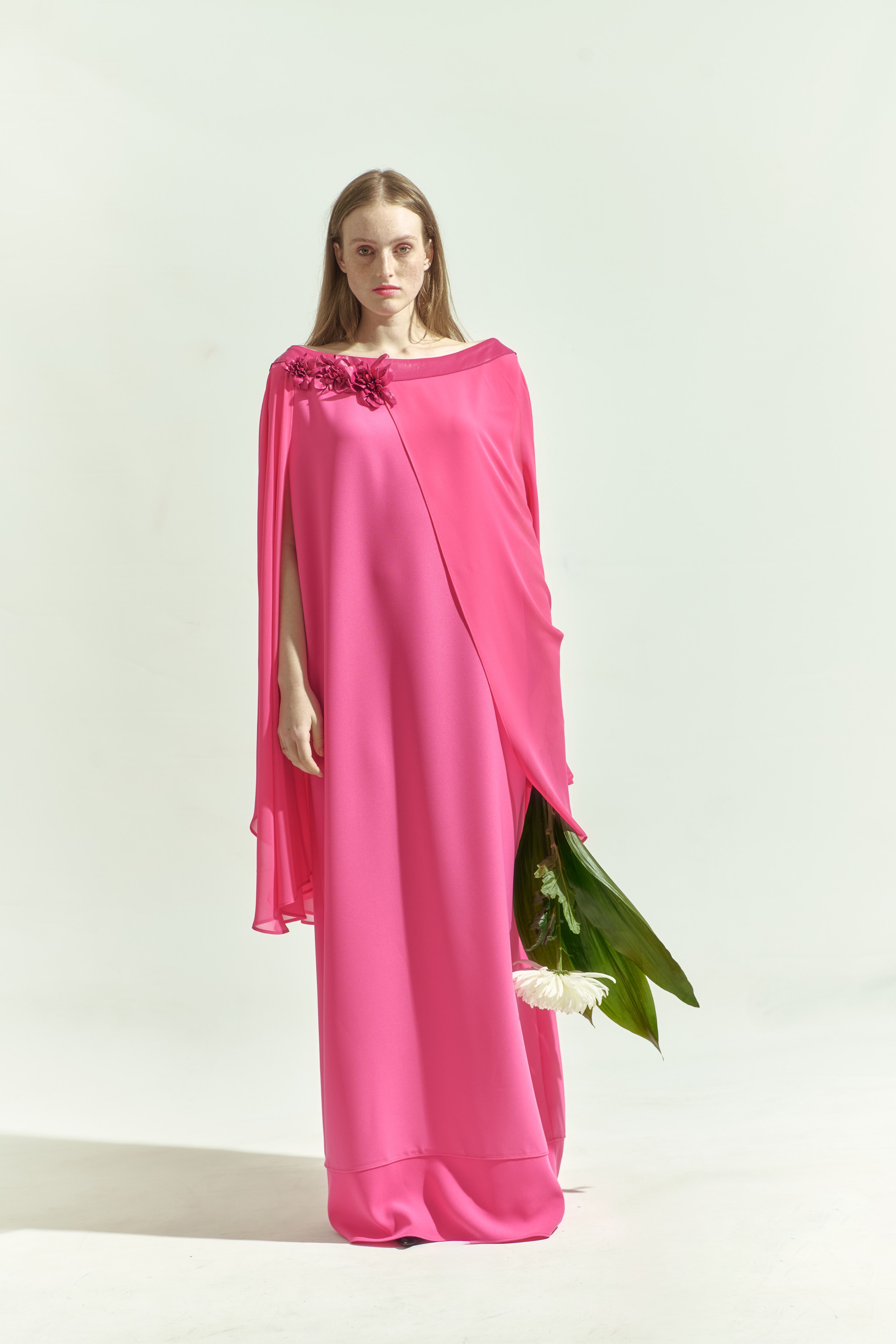 Chiffon Cloak Leather Flower Embroidered Long Crepe Dress with Side Slits 