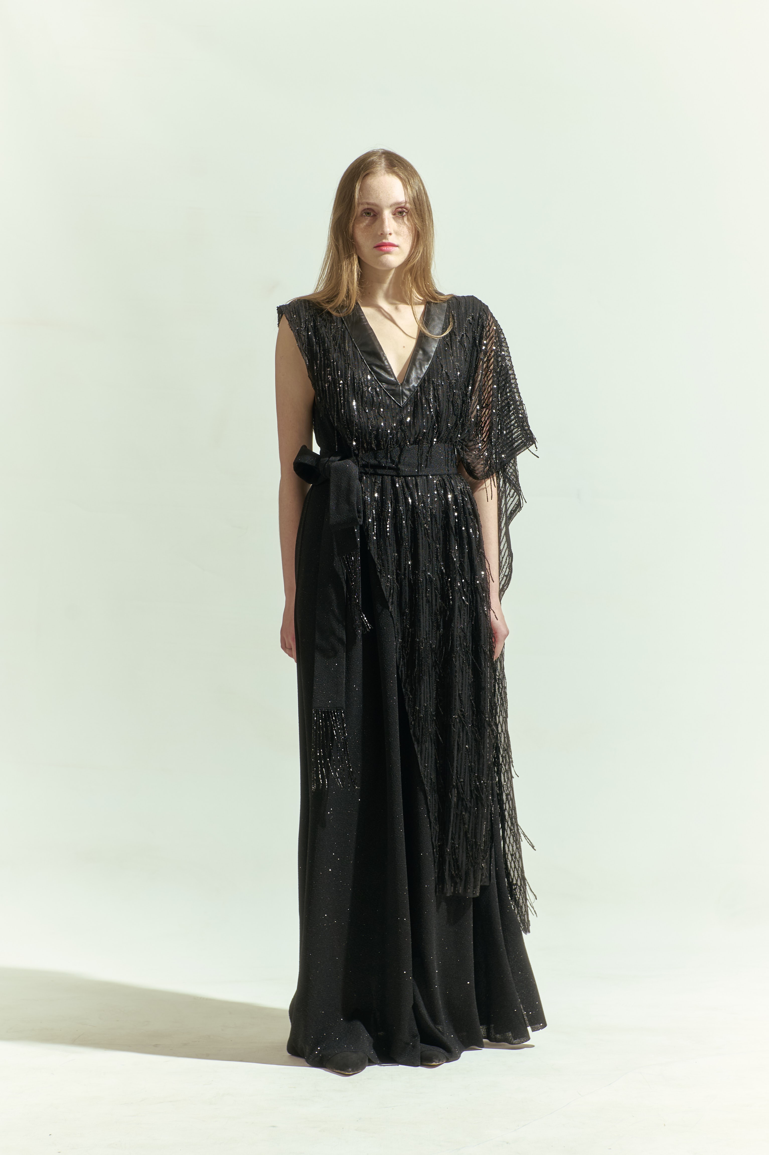 Sequin Fringe Garnet Belted Sparkling Long Dress 