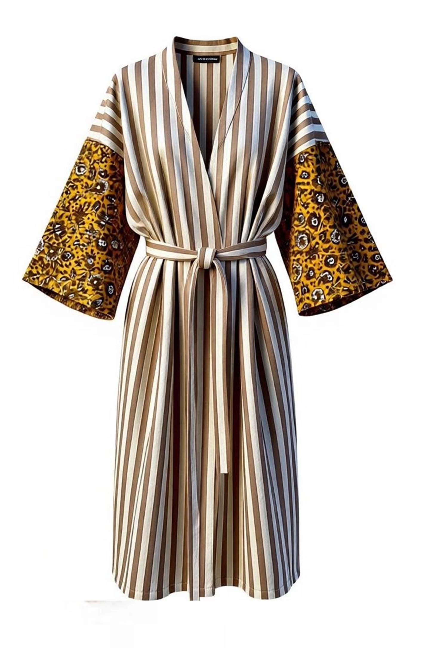 Kolları Basma Kumaş Garnili Kemerli Çizgili Keten Kaftan 