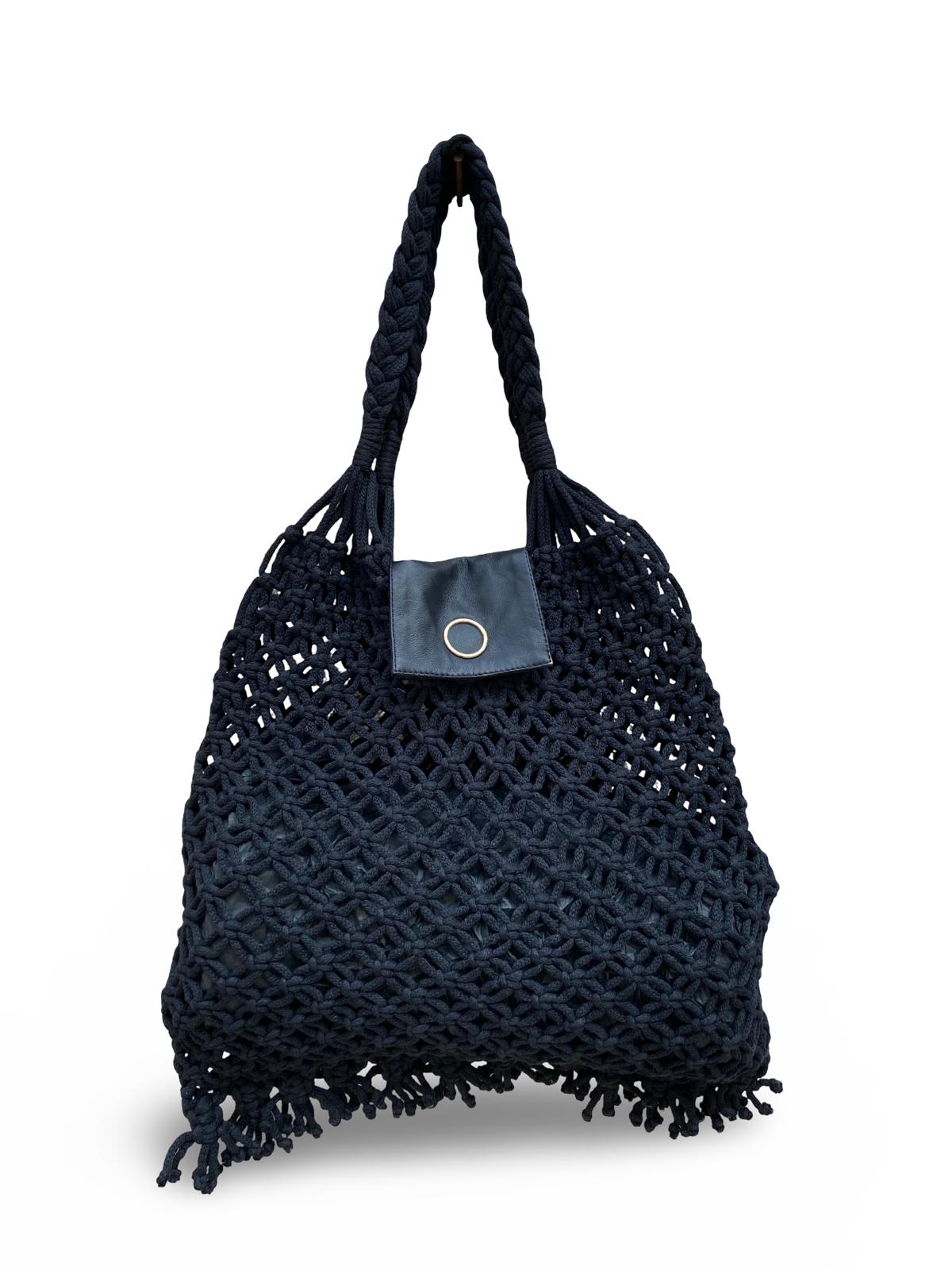 Deri Kapamalı El Örgüsü File Shopper Çanta