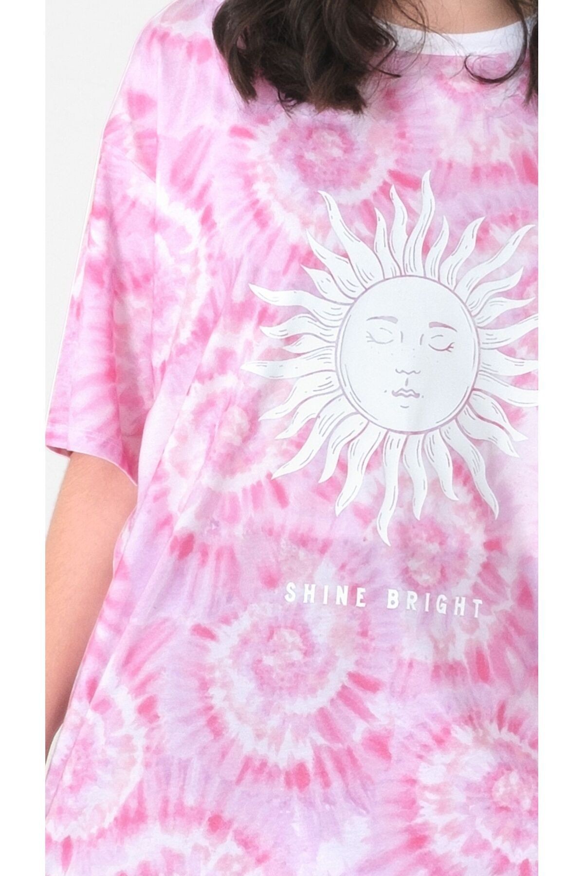 Kız Çocuk Pembe Tie-Dye Baskılı Uzun Oversize Tişört
