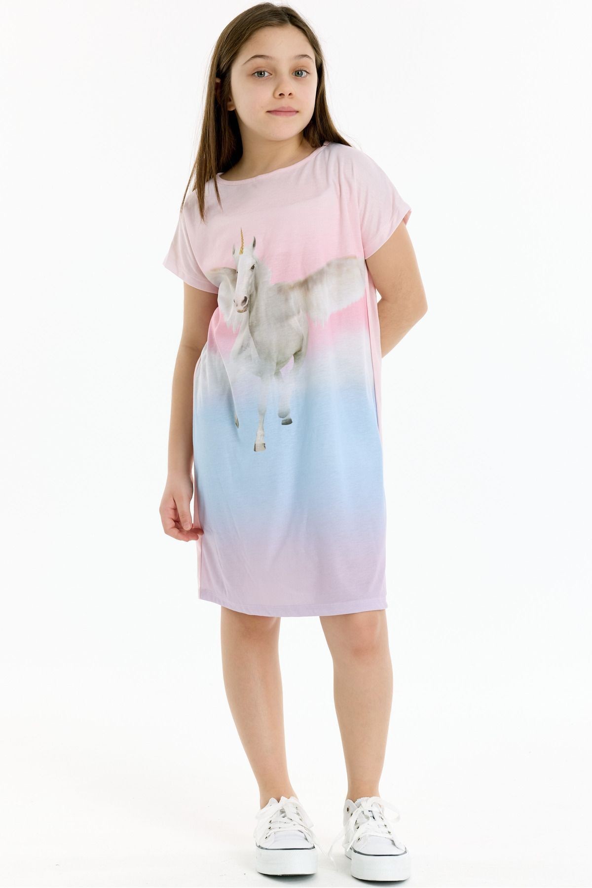 Unicorn Baskılı Kız Çocuk Elbise - Pembe