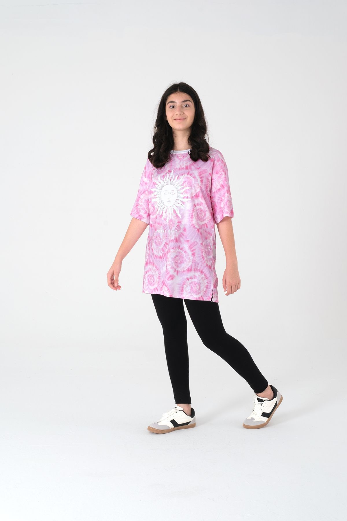 Kız Çocuk Pembe Tie-Dye Baskılı Uzun Oversize Tişört