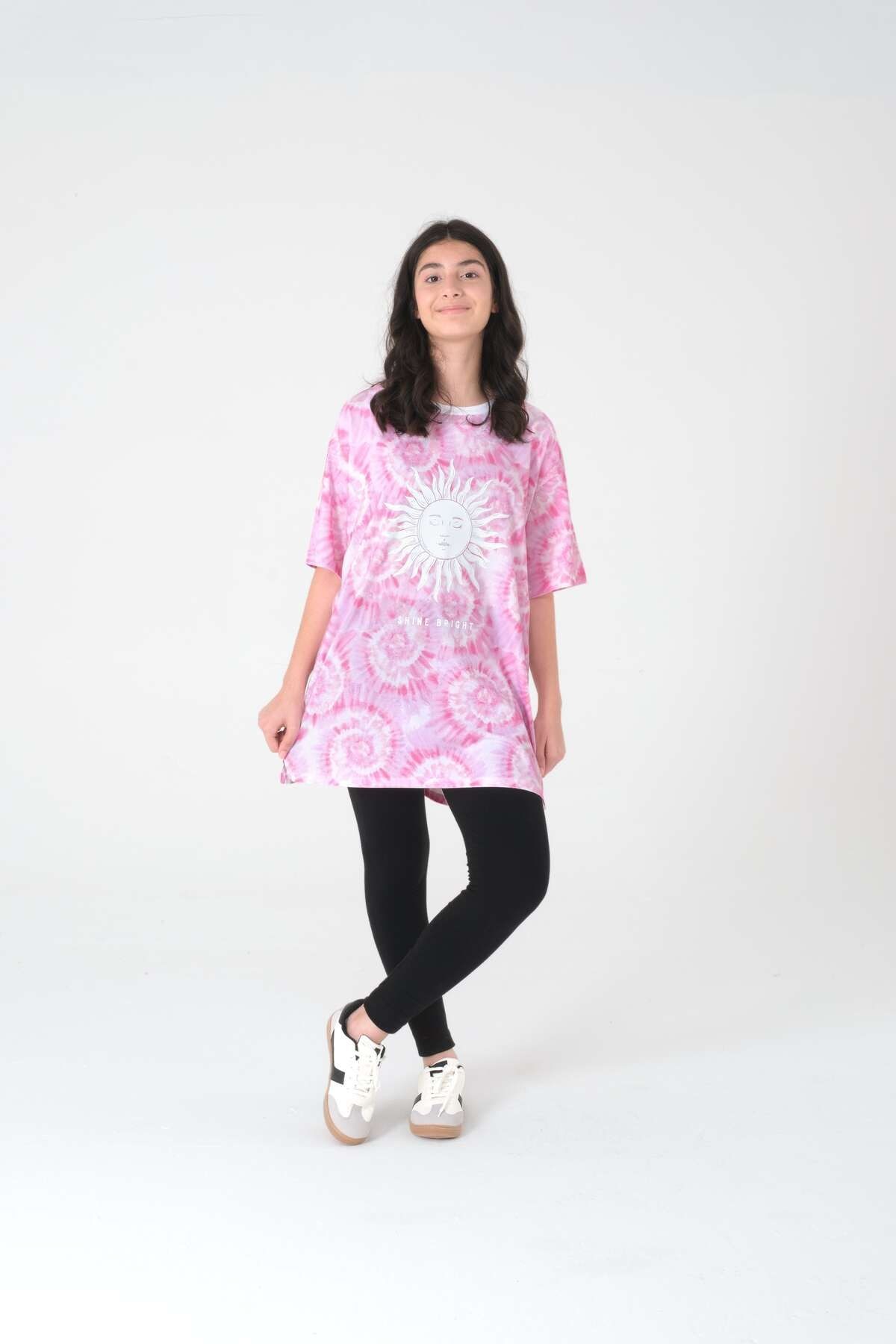 Kız Çocuk Pembe Tie-Dye Baskılı Uzun Oversize Tişört
