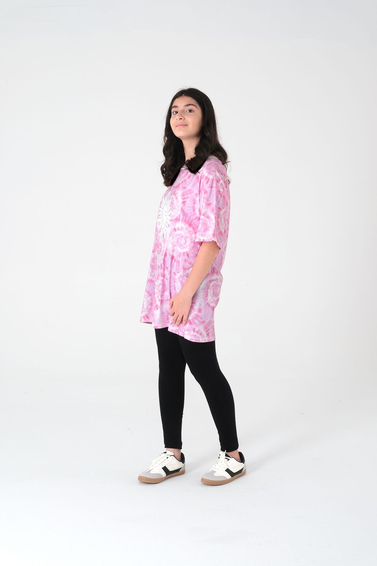 Kız Çocuk Pembe Tie-Dye Baskılı Uzun Oversize Tişört