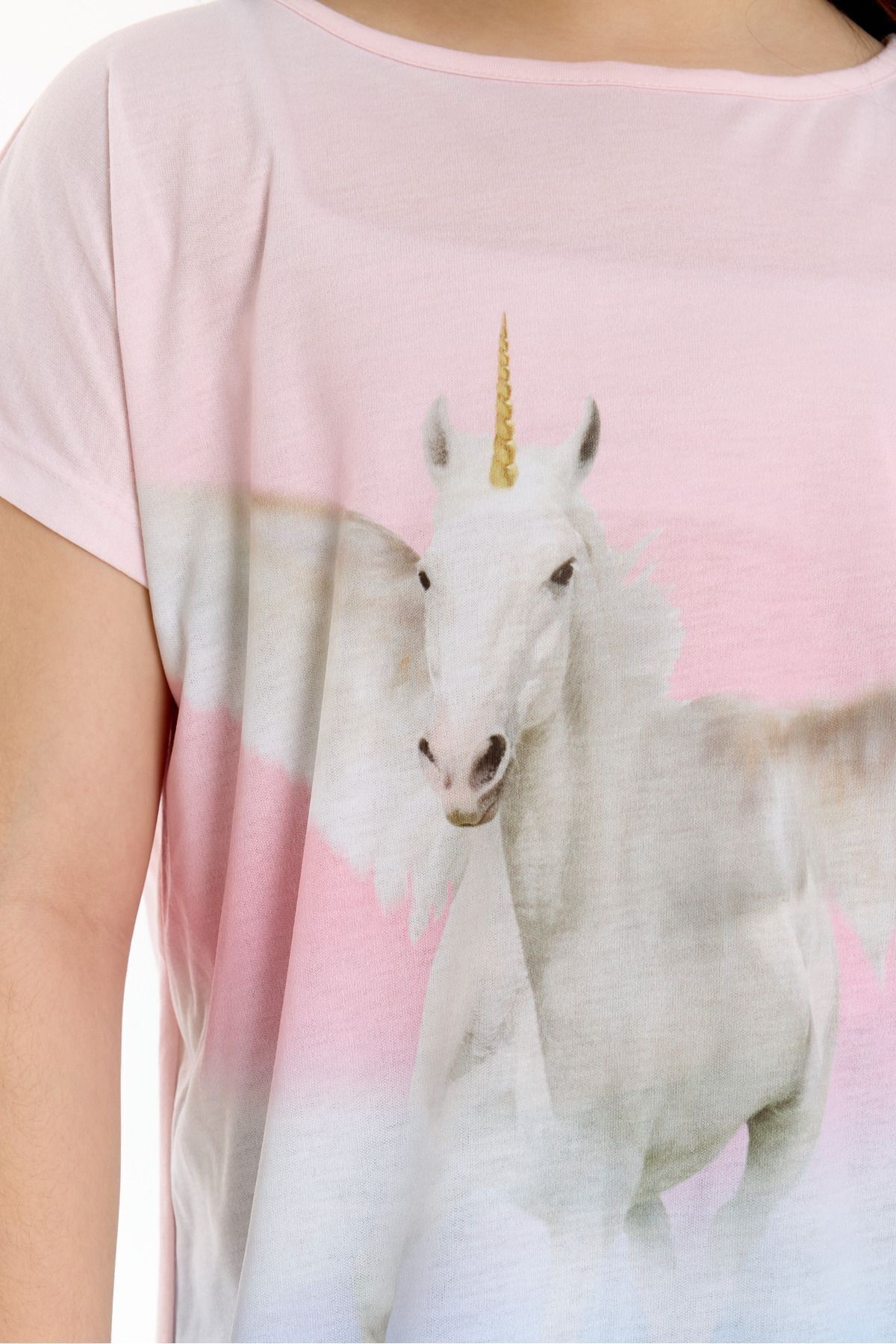 Unicorn Baskılı Kız Çocuk Elbise - Pembe